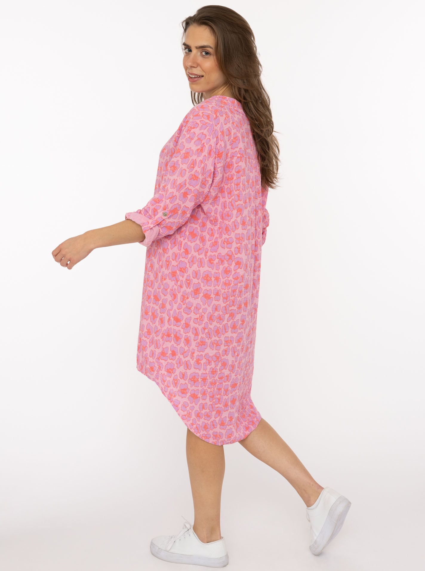 Zwillingsherz Blusentop »"Rom"« Turn-Up Ärmel, V-Neck. Leo-Muster, Musselin