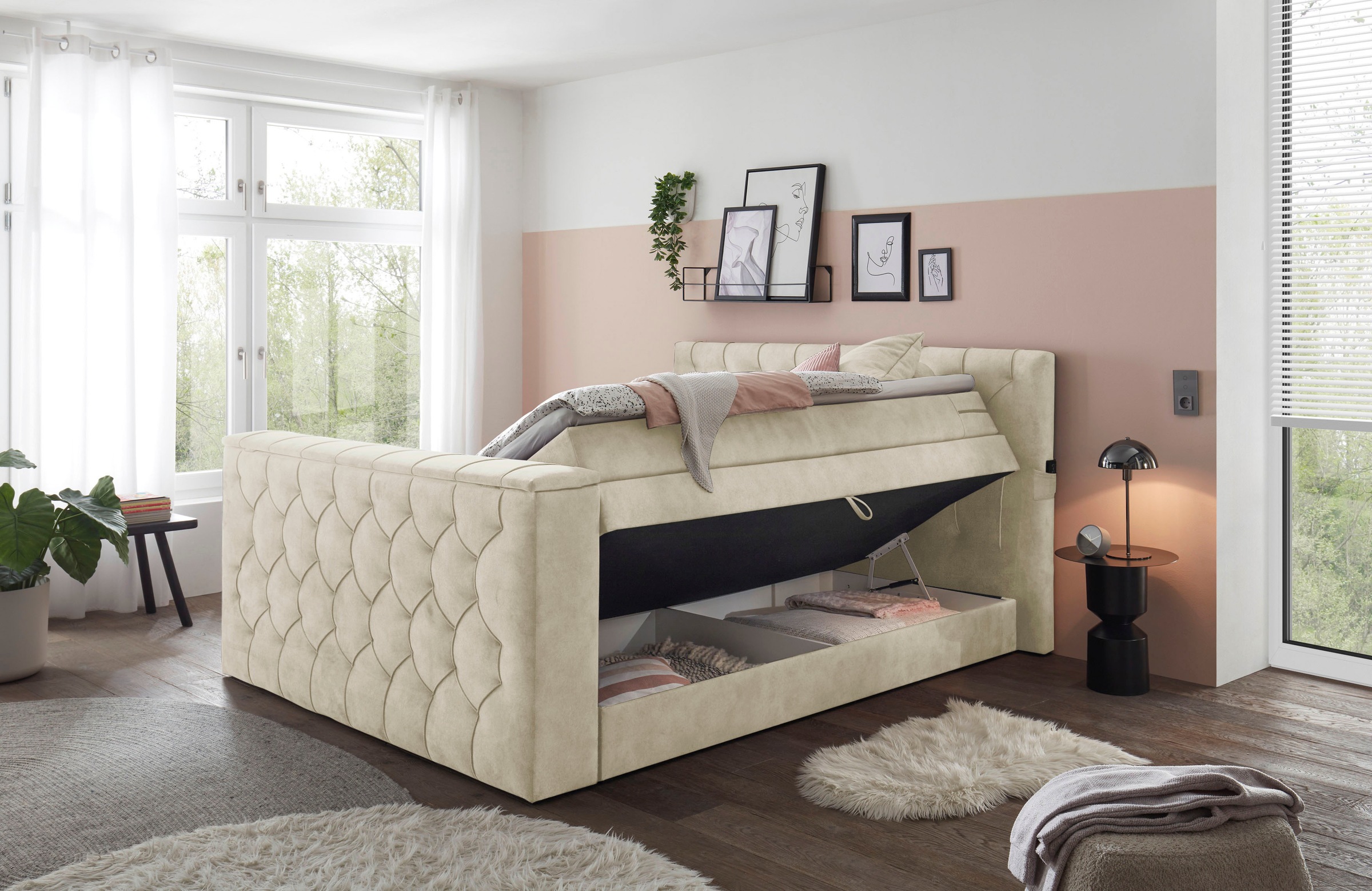 ED EXCITING DESIGN Boxspringbett »Springdale«, mit Bettkasten, motorisierter TV-Halterung, Duo-Matratze (H3/H4)