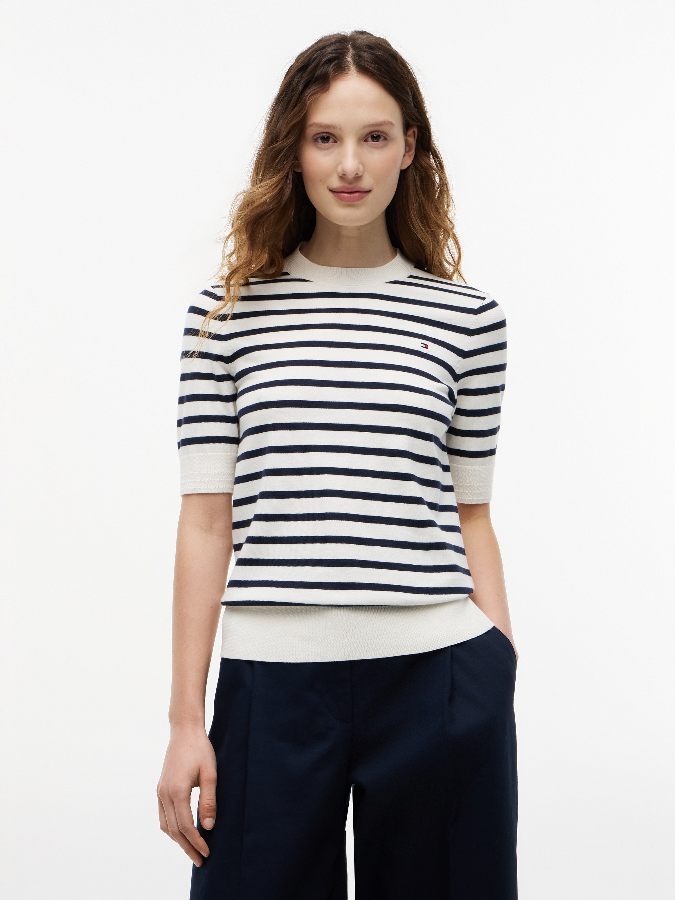 Tommy Hilfiger Kurzarmpullover "CO JERSEY FINE GG C-NK SS SWT" Baumwollmischung, Regular Fit