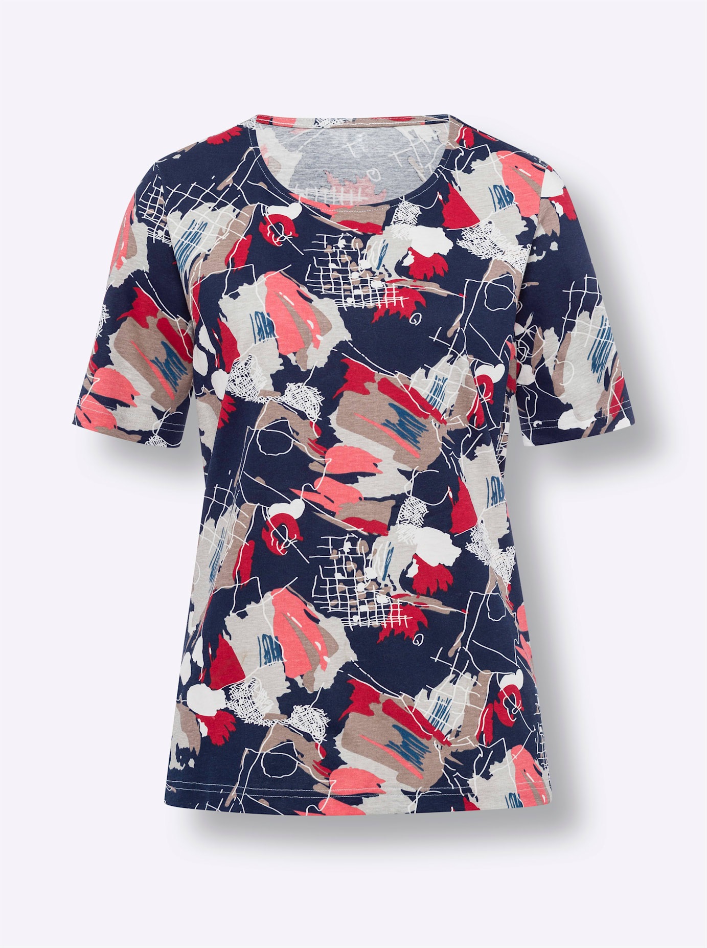 Kurzarmshirt CLASSIC BASICS "Kurzarm-Shirt", Damen, Gr. 42, bunt (marine, koralle, bedruckt), 100% Baumwolle, bedruckt, gemustert, mehrfarbig, Rundhals, Shirts 3