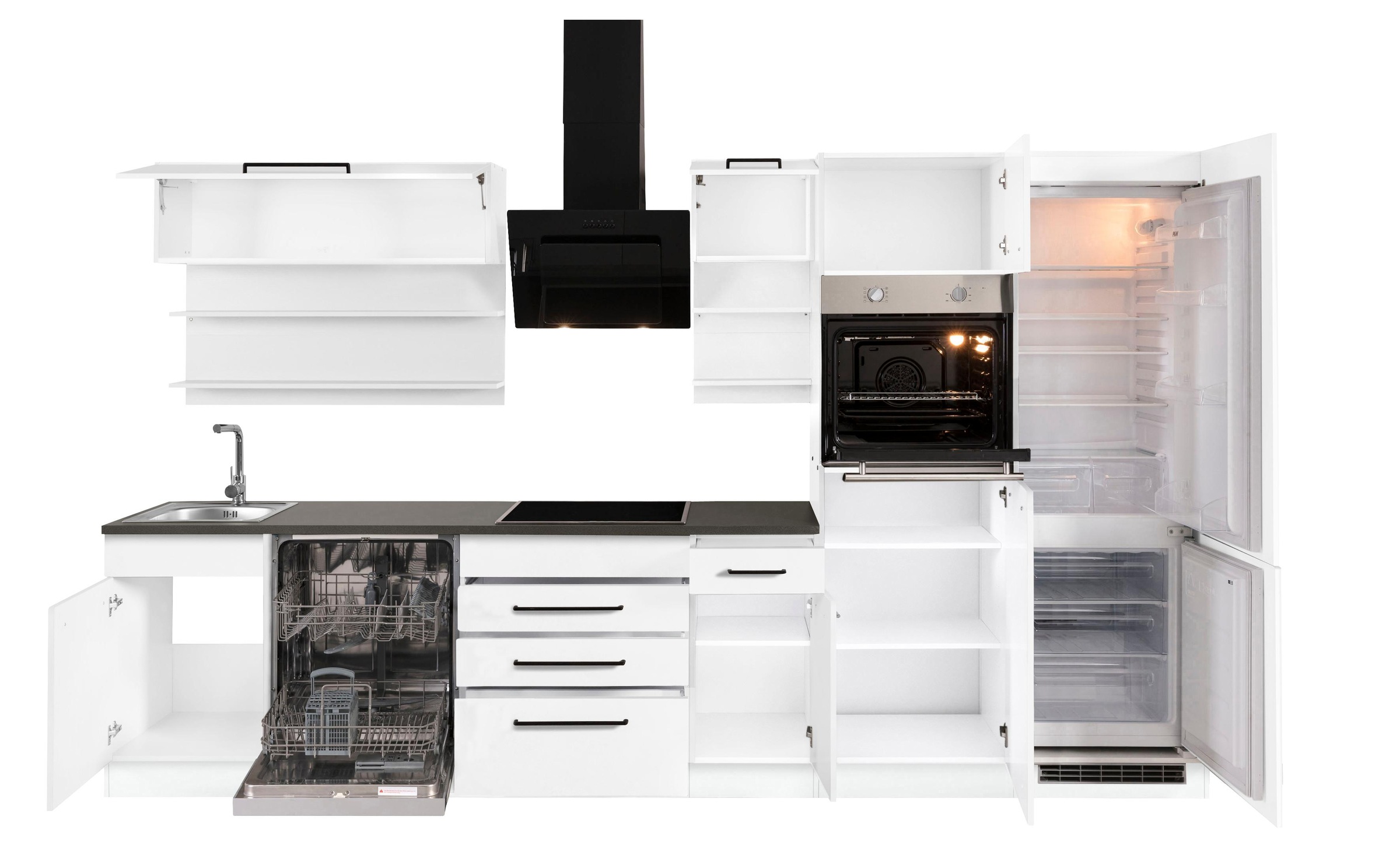 KOCHSTATION Küchenzeile »KS-Tulsa«, mit E-Geräten, Breite 330 cm, schwarze Metallgriffe, MDF Fronten