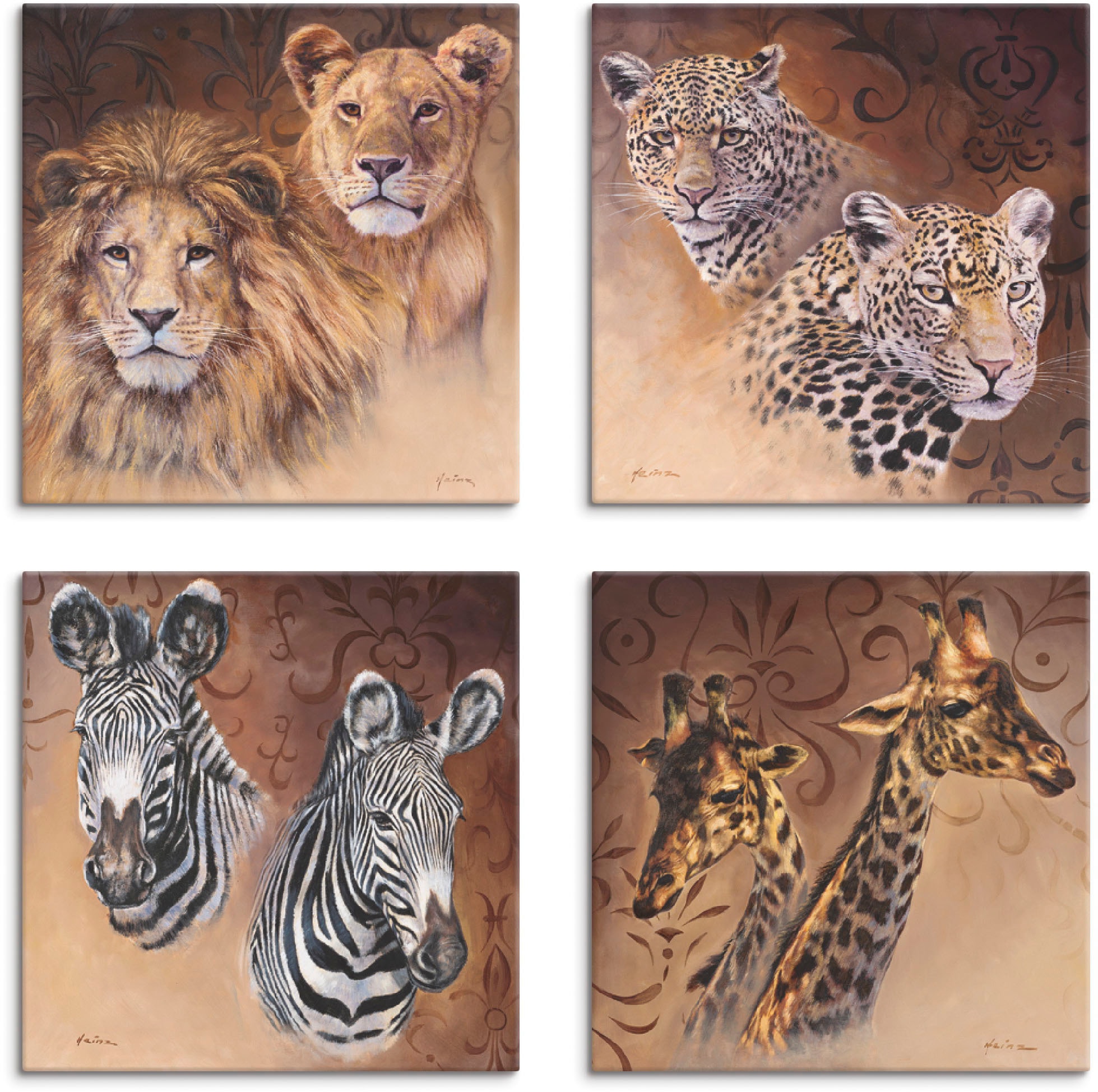 Black Friday Artland Leinwandbild »Löwen Leoparden Zebra Giraffen«,  Wildtiere, (4 St.), 4er Set, verschiedene Größen | BAUR
