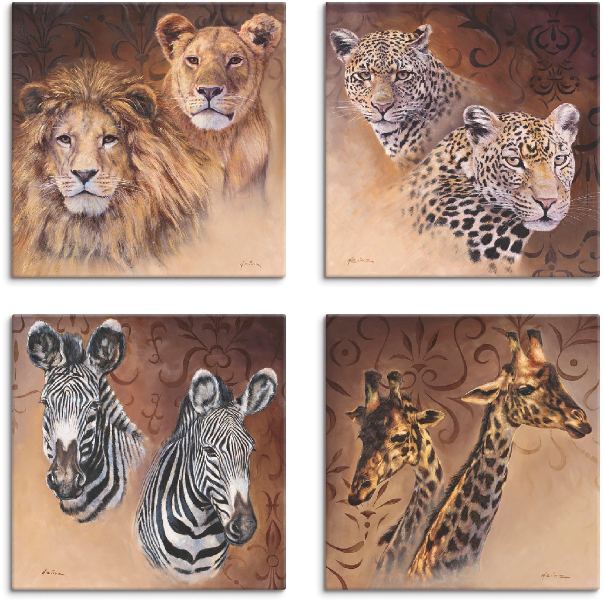 Artland Leinwandbild "Löwen Leoparden Zebra Giraffen", Wildtiere, (4 St.), 4er Set, verschiedene Größen