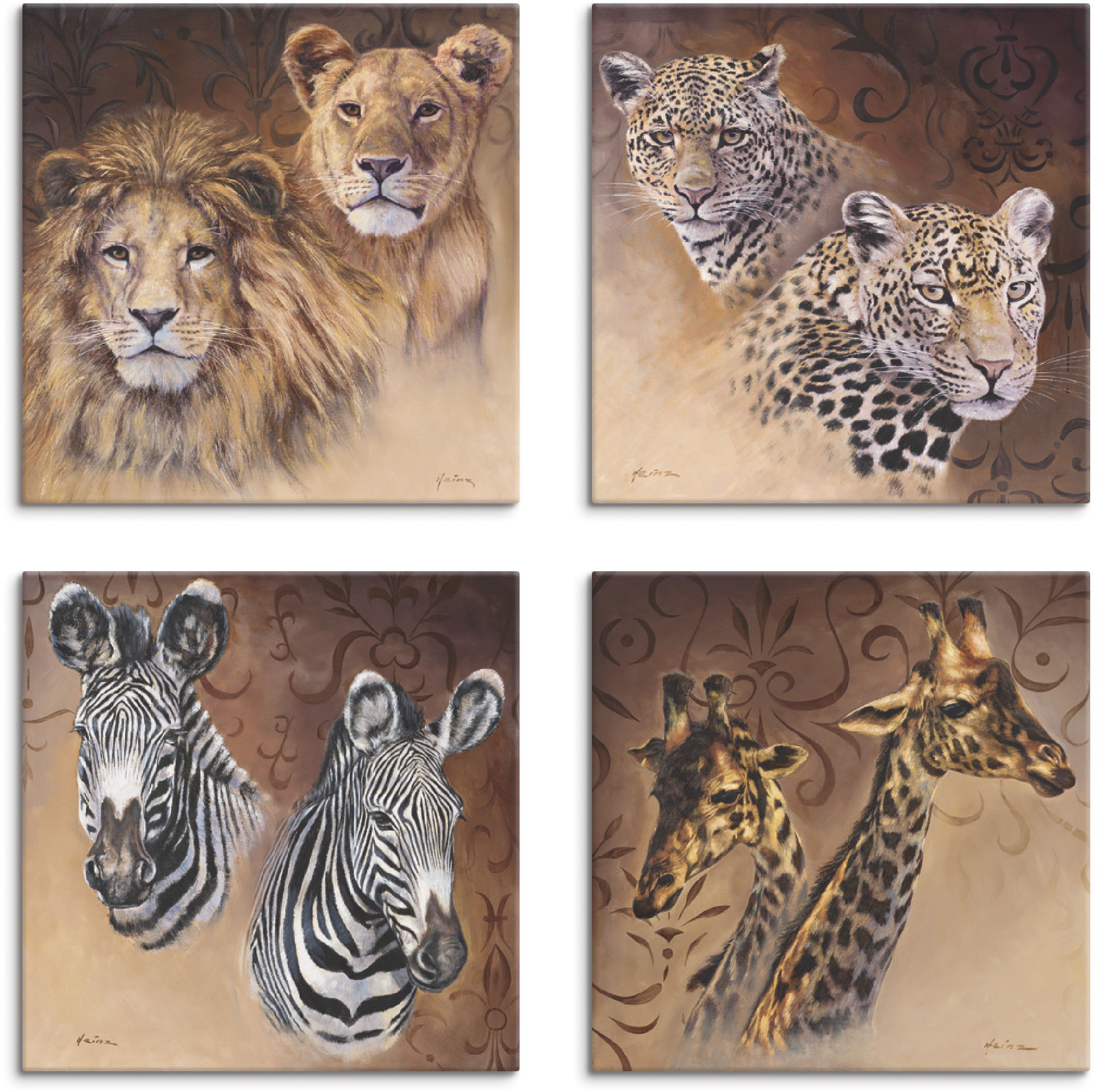 Artland Leinwandbild "Löwen Leoparden Zebra Giraffen" Wildtiere 4 Stk. tlg. 4er Set, verschiedene Größen