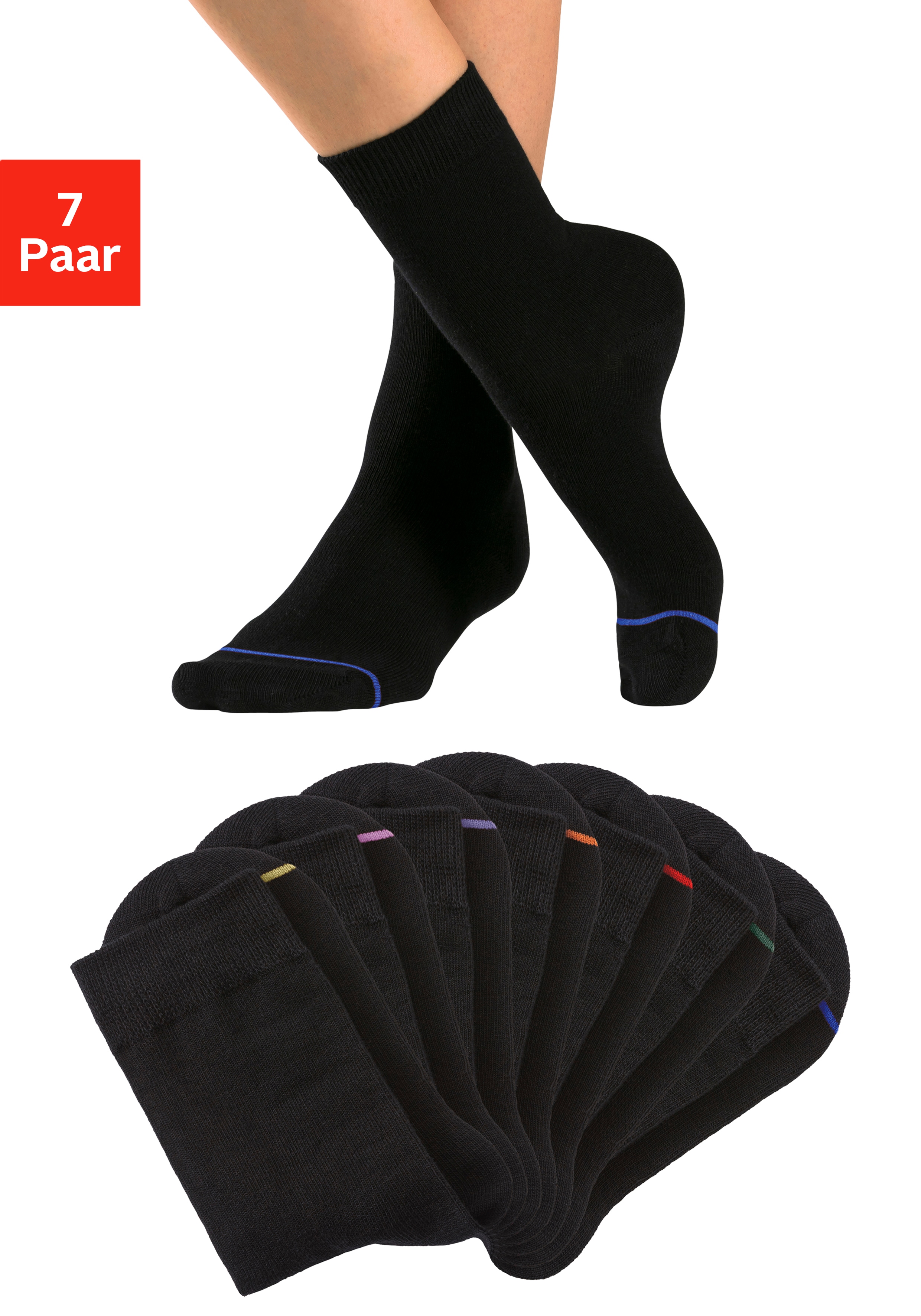 H.I.S Basicsocken "Damen Herren Klassische Socken, Strümpfe" Packung, 7 Paar tlg. mit eingestrickter farbiger Spitzennaht