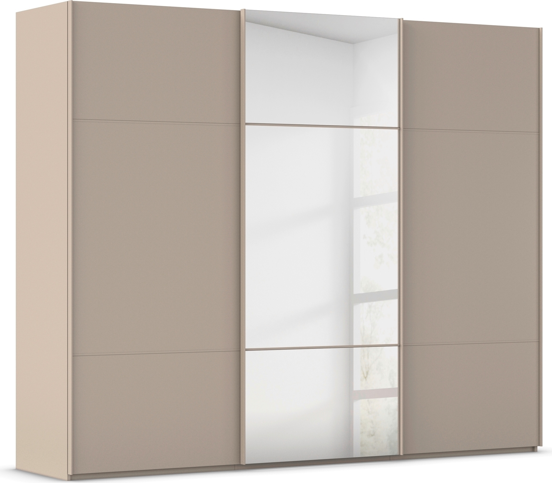 rauch Schwebetürenschrank "Kleiderschrank Schrank Garderobe Schlafzimmerschrank SCALE-TRIO" edle dreigeteilte Front mit 2 Zierleisten und Spiegel MADE IN GERMANY