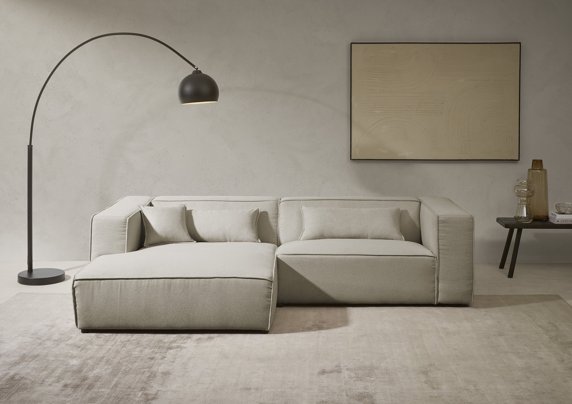 LeGer Home by Lena Gercke Ecksofa "PIARA Struktur u. Leinenoptik mit Kedernaht L-Form" wahlweise Ottomane rechts/links, schwarze Füße, bequemer Sitzkomfort