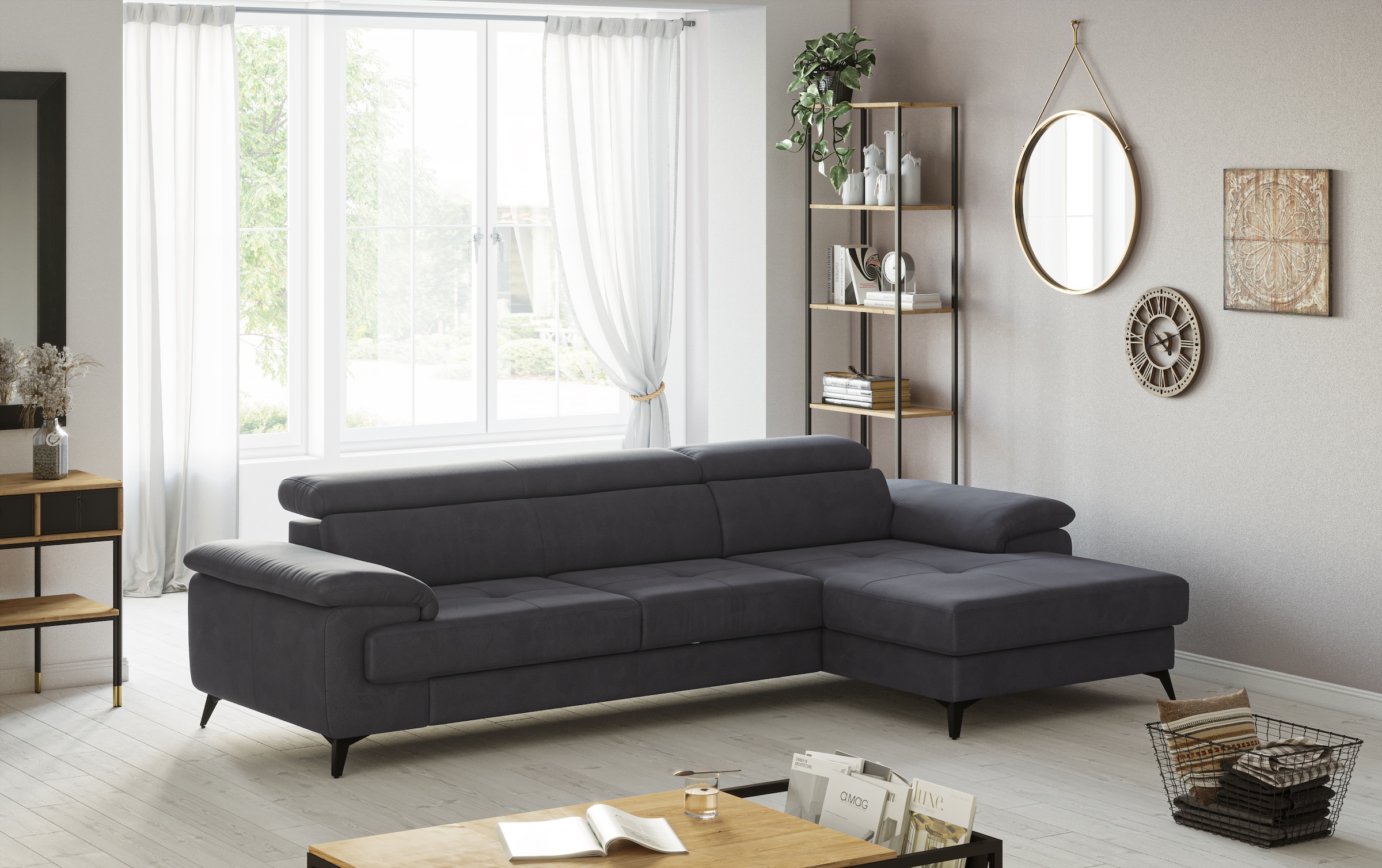 OTTO home Ecksofa "Astra L-Form, B: 300 cm, inkl. Kopfteilverstellung" opt. Schlaffunktion + XL-Bettkasten, LF:222x124cm, Wellenunterfederung