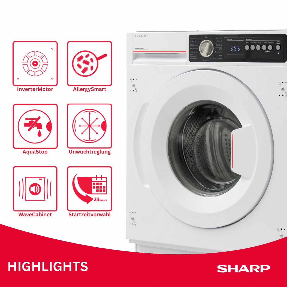Sharp Einbauwaschmaschine »ES-NIB814BWNA-DE« 8 kg 1400 U/min Dampf-Funktion für weniger Falten und gepflegte Textilien