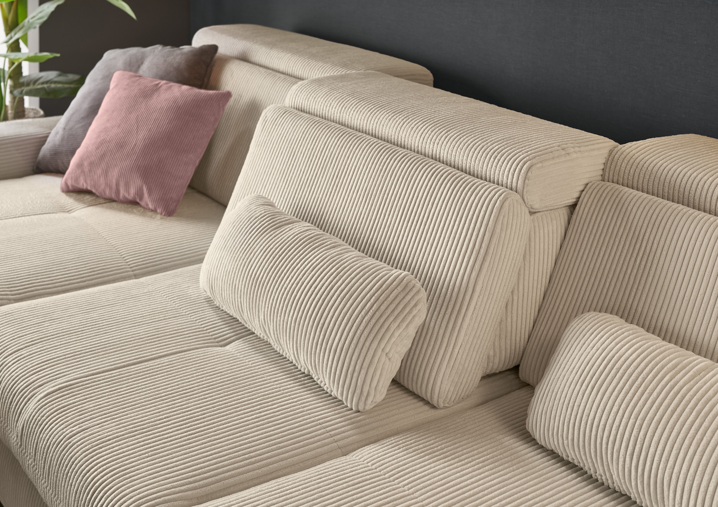 set one by Musterring Ecksofa »SO 3400 Sitzhöhe 47cm oder 49cm, Sitztiefe verstellbar, B/T: 307/195cm«, whlw. mit Funktion, Kaltschaum, in Cord, silver, Sitzhöhe 47
