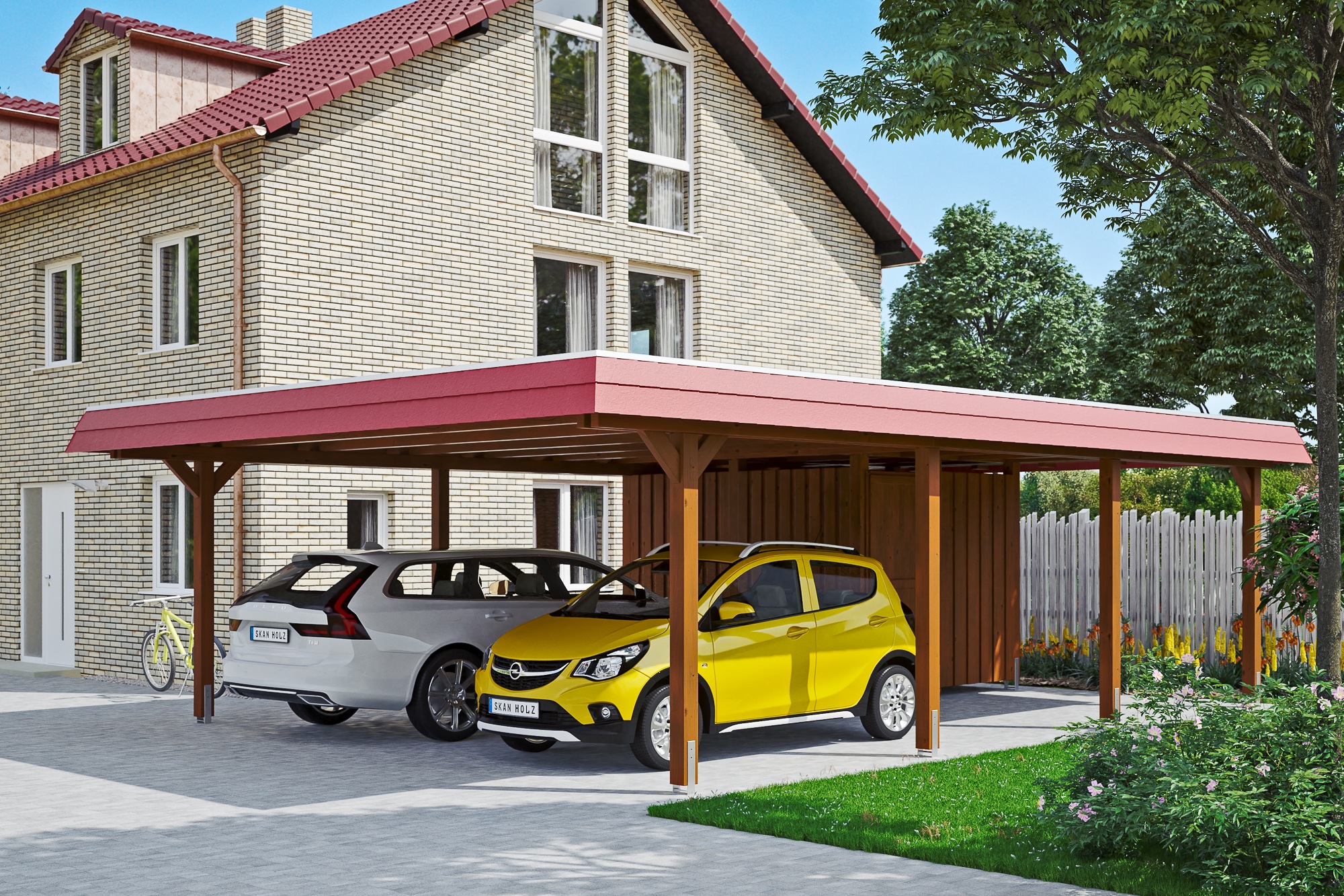 Skanholz Doppelcarport »Wendland«, Leimholz-Fichte, 550 cm, Nussbaum, mit Abstellraum mit Aluminiumdach, rote Blende