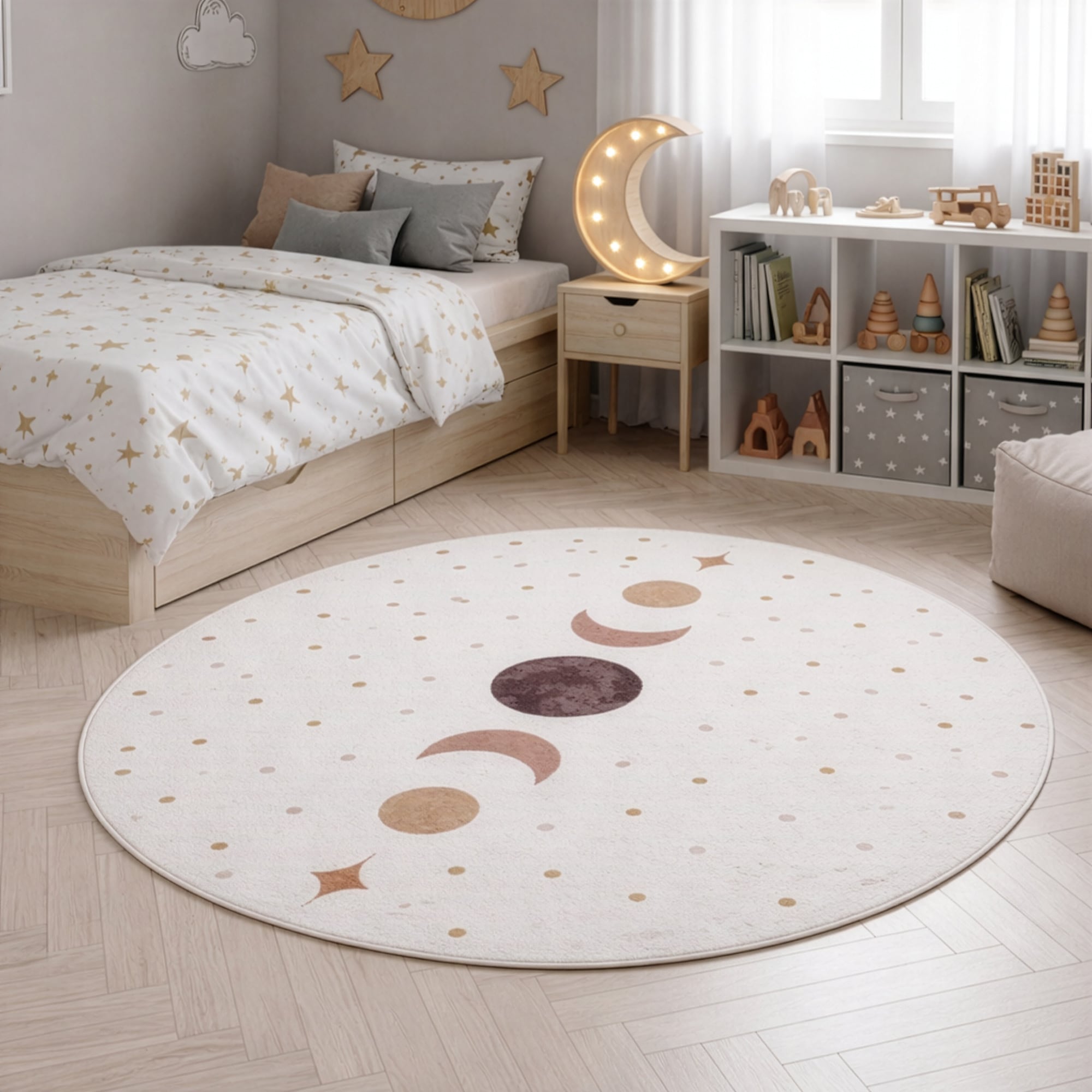 Ayyildiz Teppiche Kinderteppich "COCO 1136, auch in rund erhältlich" rund 8 mm Höhe Waschbar bei 30 C, rutschhemmend, OEKO-TEX zertifiziert, Sonne Mond