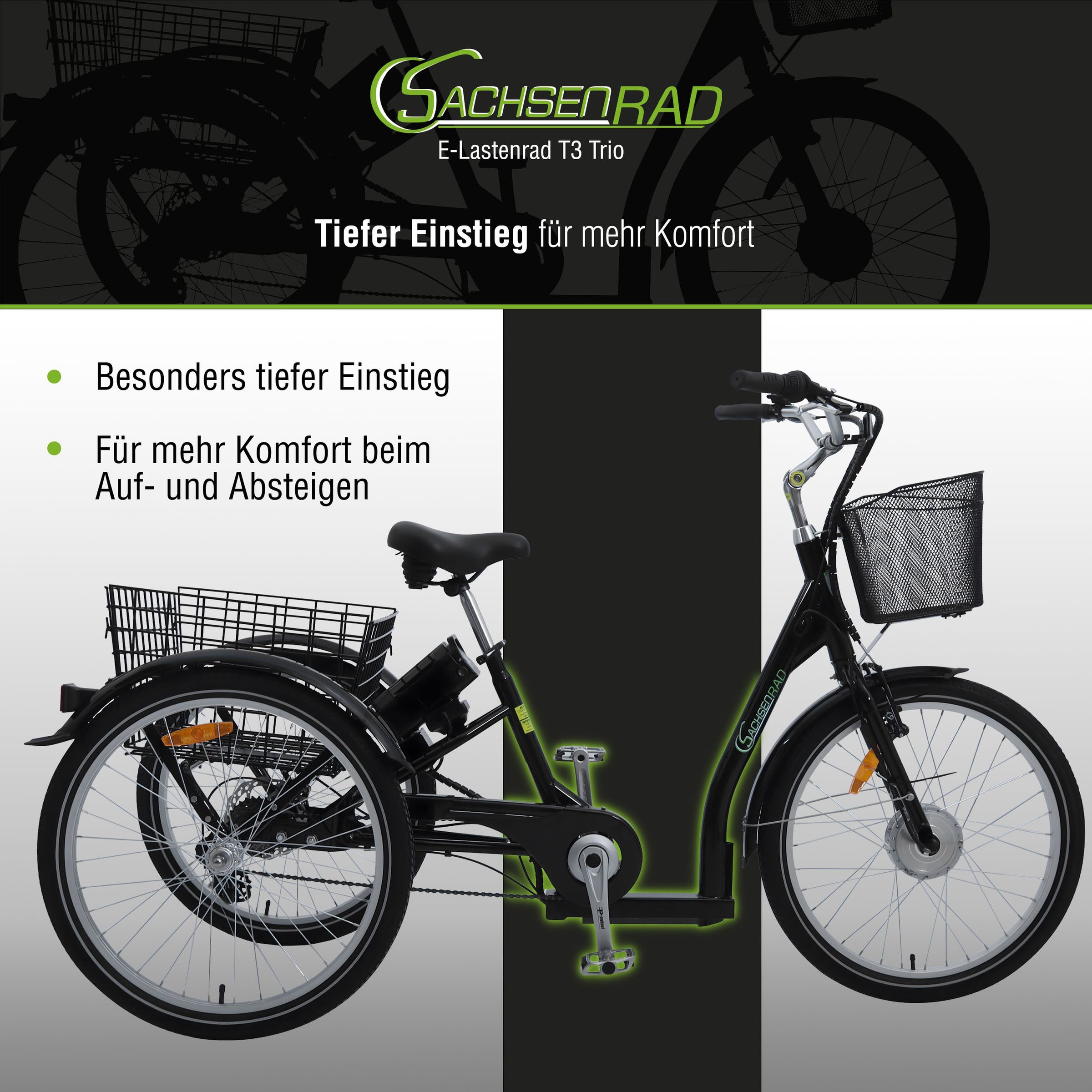 SachsenRad E-Bike »T3A«, 7 Gang, Shimano, Shimano 7-Gang-Kettenschaltung, Frontmotor 250 W, (LED-Frontlicht, Alarmrücklicht mit Bremslicht, Ledersattel, 3-Räder), Lastenkorb, Lenkerkorb, LCD-Steuer-
display, Fahrmodus Pedelec