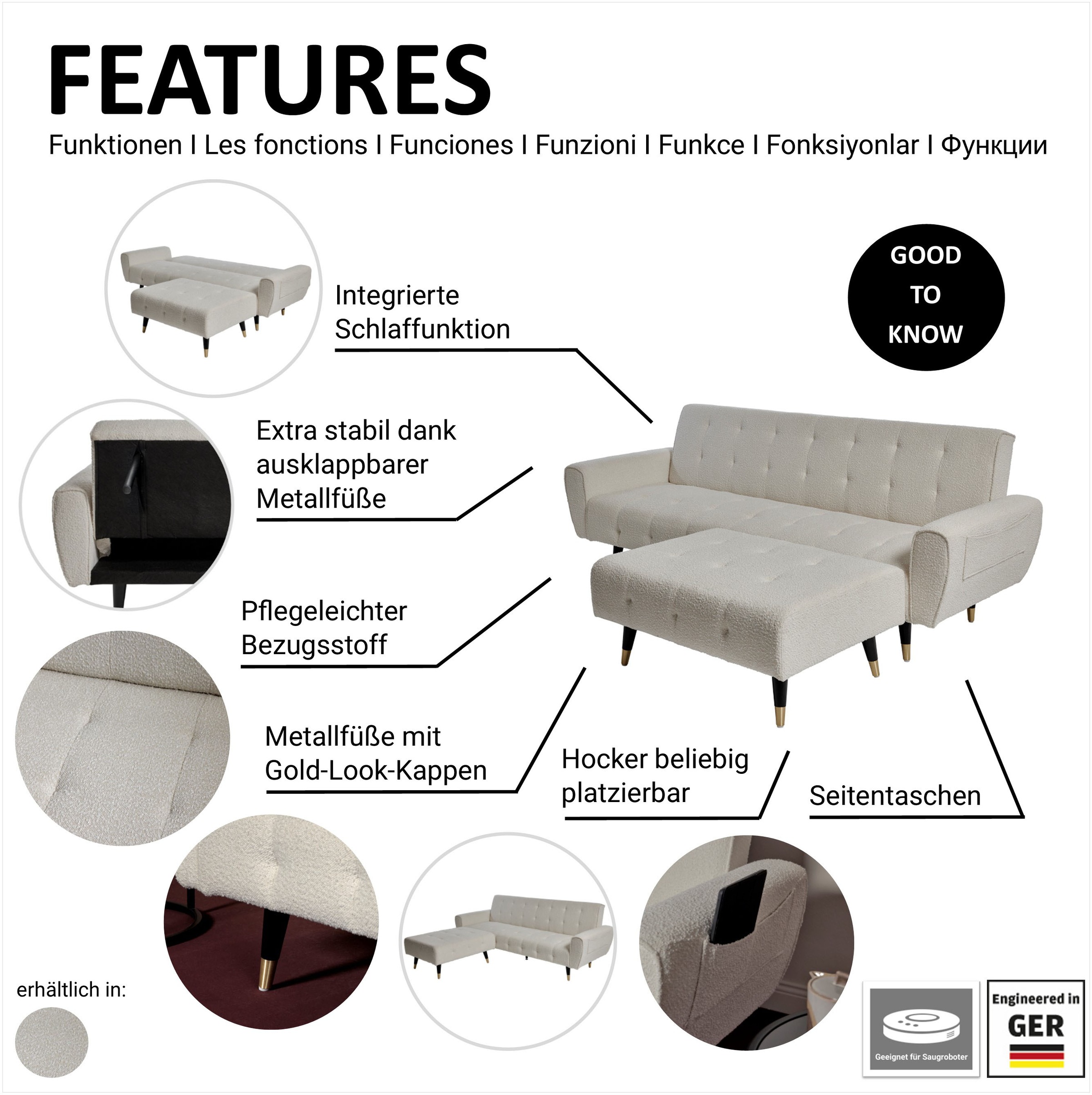 Thumbnail - Jahnke 3-Sitzer "CHILLAX DREAM" mit Schlaffunktion, Seitentasche, Hocker frei positionierbar, B:213 cm