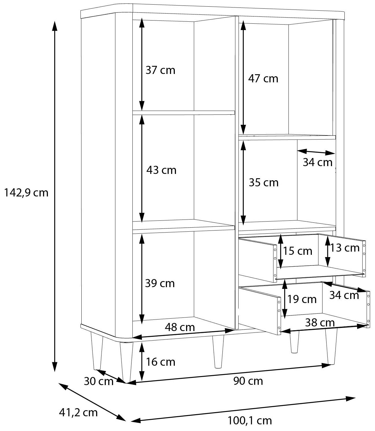FORTE Highboard, B/H/T 100,1/142,9/41,2 cm Echtholzfüße