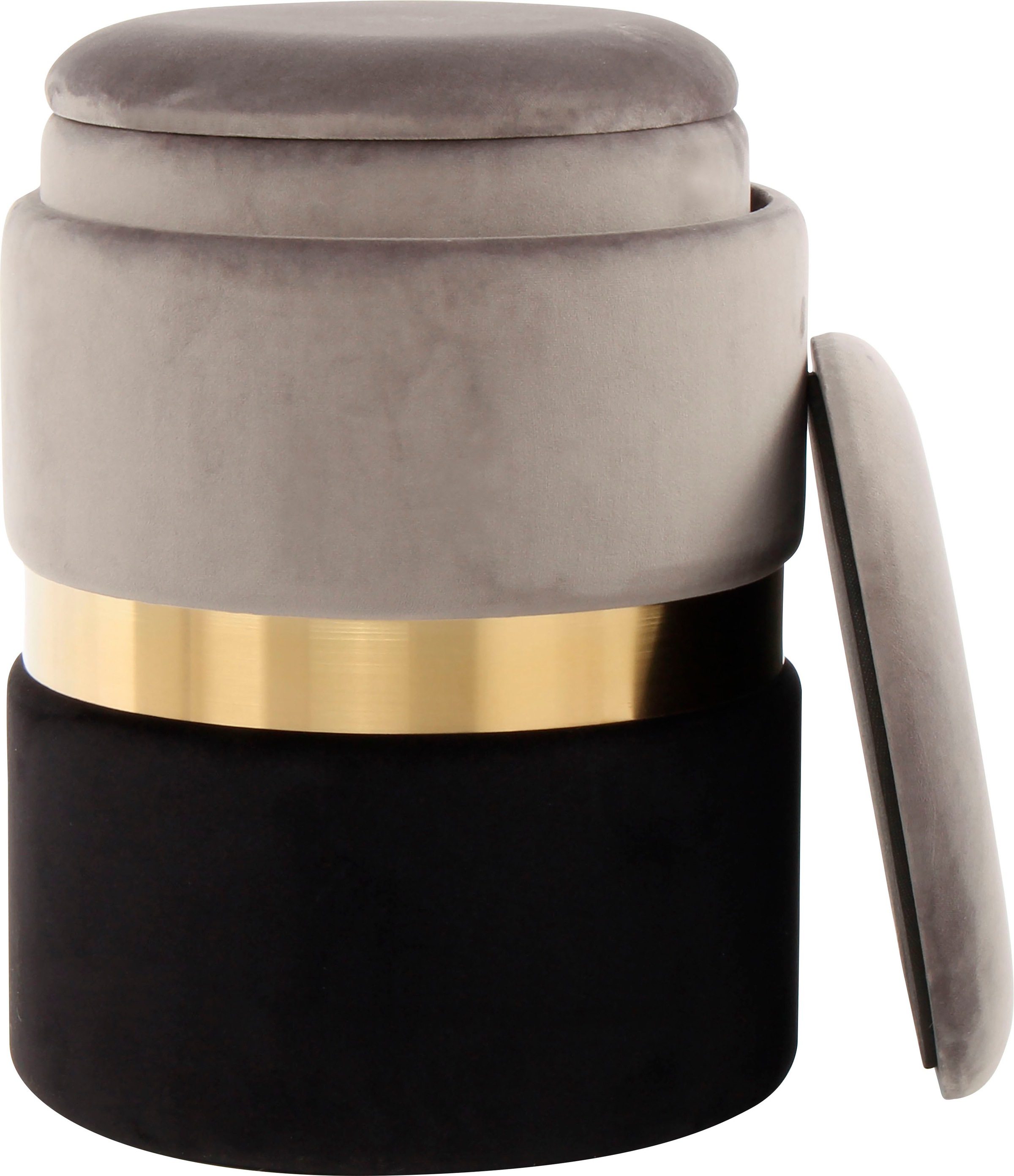 Kayoom Stauraumhocker »Hocker Zora 125 2er-Set, samtweicher Stoffbezug,runde elegante Form«, (Set, 2 St.), edles Design mit Metallring, gepolstert, mit Stauraum