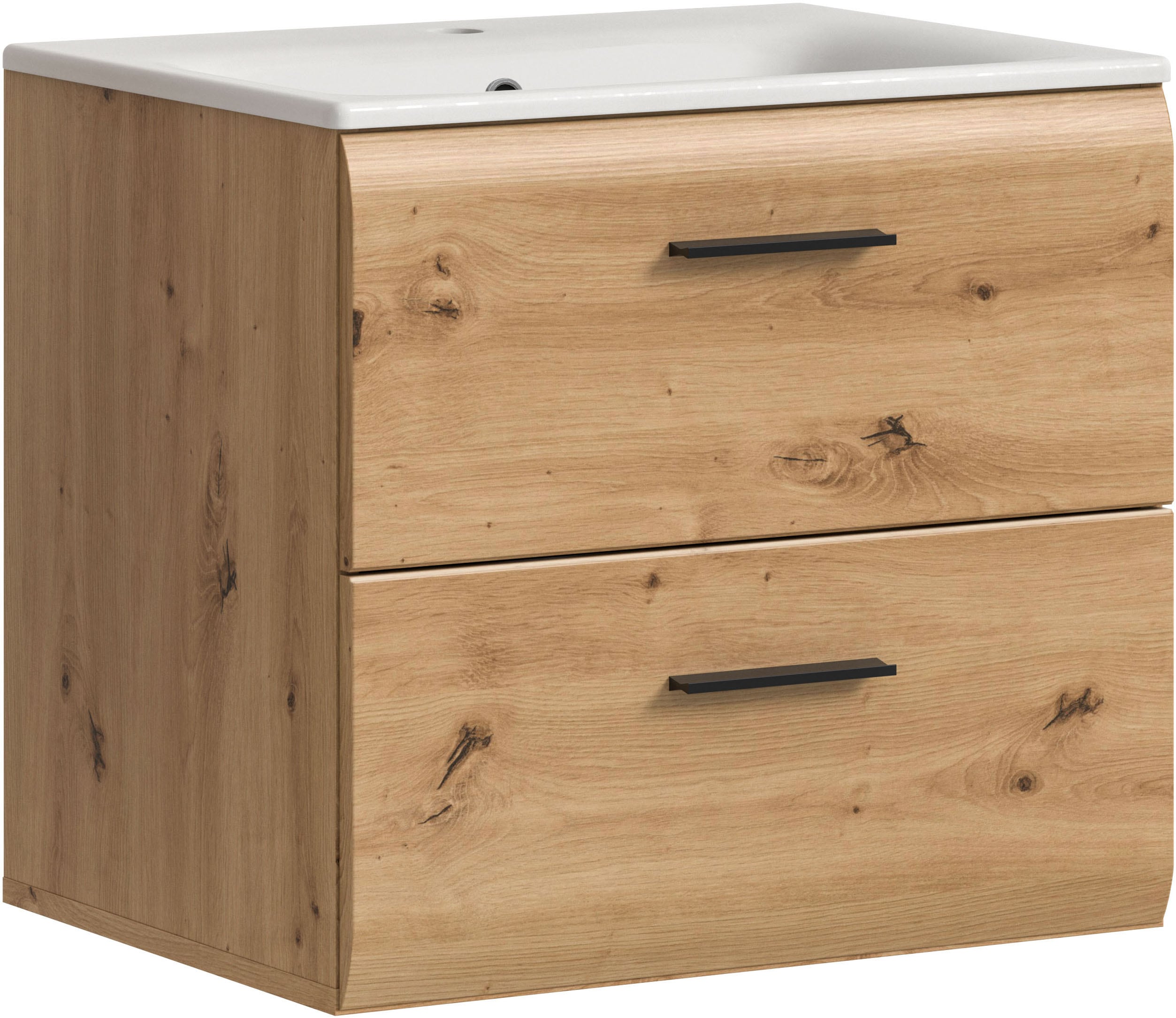 welltime Waschbeckenunterschrank "FLORENZ, Breite 60 cm, inkl. Waschbecken, hängende Montage" TOPSELLER, 2 Stk. tlg. hochwertige MDF Front, Griff schwarz, Badschrank, Bad