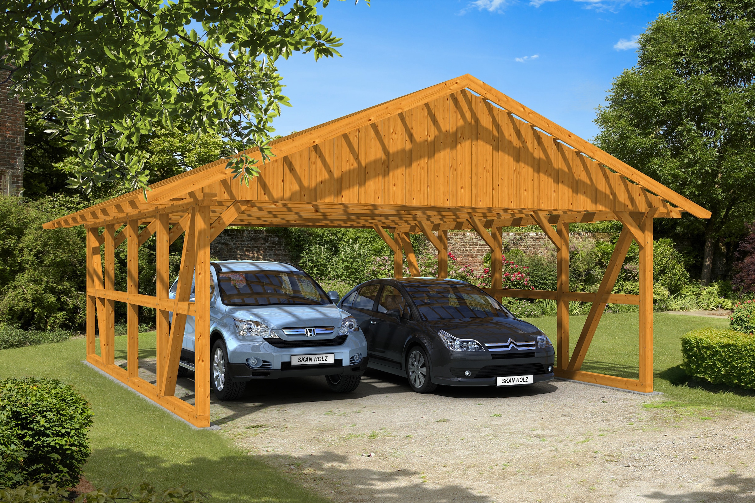 Skanholz Doppelcarport »Schwarzwald«, KVH-Fichte, 560 cm, Eiche hell, mit Dachlattung