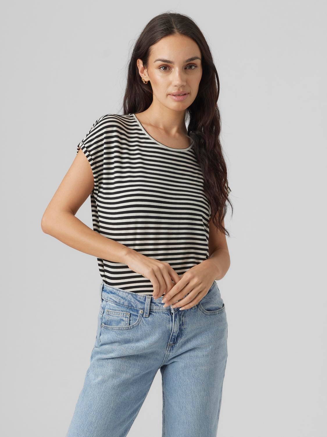 Vero Moda Rundhalsshirt "VMAVA PLAIN SS TOP STRIPE GA JRS NOOS"