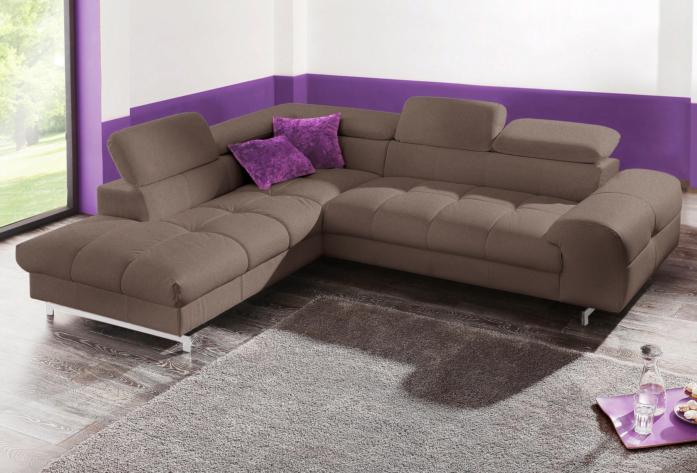 COTTA Ecksofa "Chef bequem, tolle Verarbeitungsdetails, Breite 262cm, L-Form" mit Kopfteilverstellung, edle Metallkufen, optional Schlaffunktion