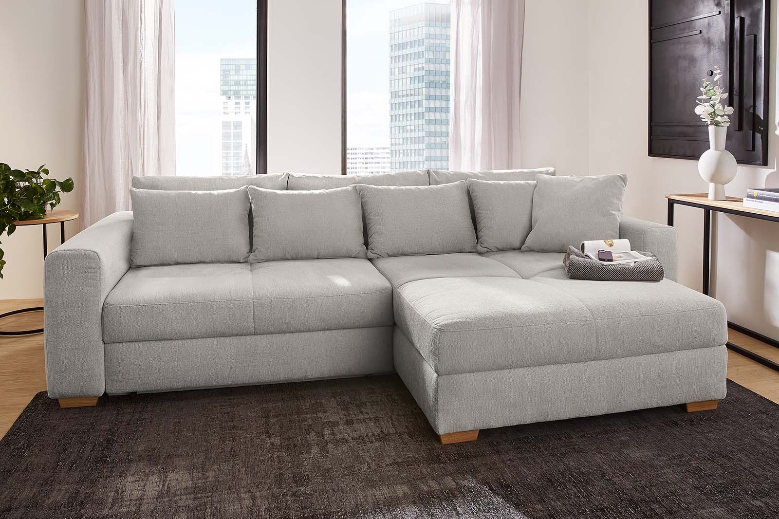 Ecksofa JOCKENHÖFER GRUPPE "Kampen L-Form, B: 288 cm", grau, B:288cm T:130cm, Korpus: 100% Polyester;Kissen: 100% Polyester, Sofas, Ecksofa, mit Bettfunktion, Bettkasten & Zierkissen, Federkern