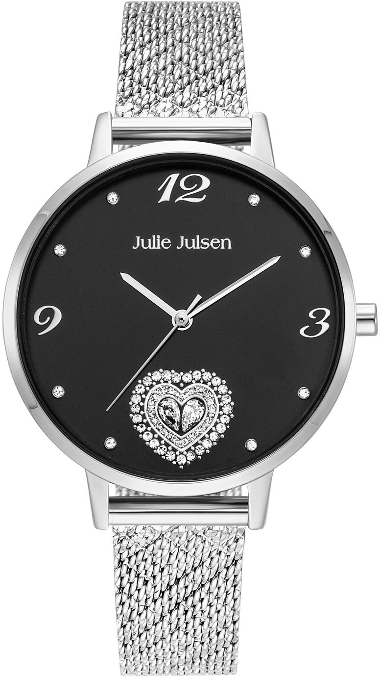 Julie Julsen Quarzuhr »Julie Julsen Heart Drop Silver Set, JJW2105SME-SET«, (Set, 2 tlg., mit dazu passender Kette), Armbanduhr, Damenuhr, Herz, Glitzer, ideal auch als Geschenk