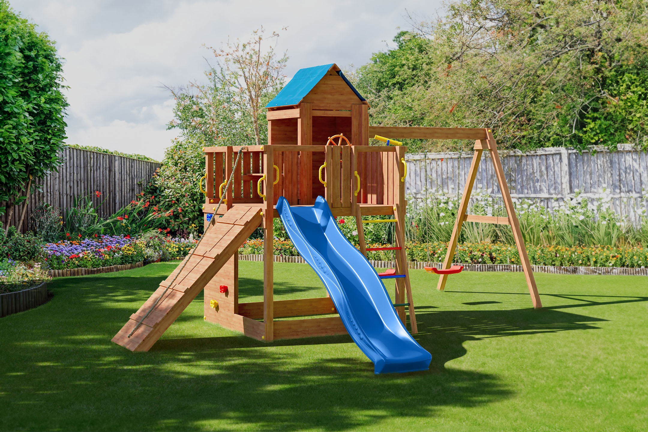 FUNGOO Spielturm »Treehouse« mit Spielhaus, Rutsche, Doppelschaukel, Kletterwand