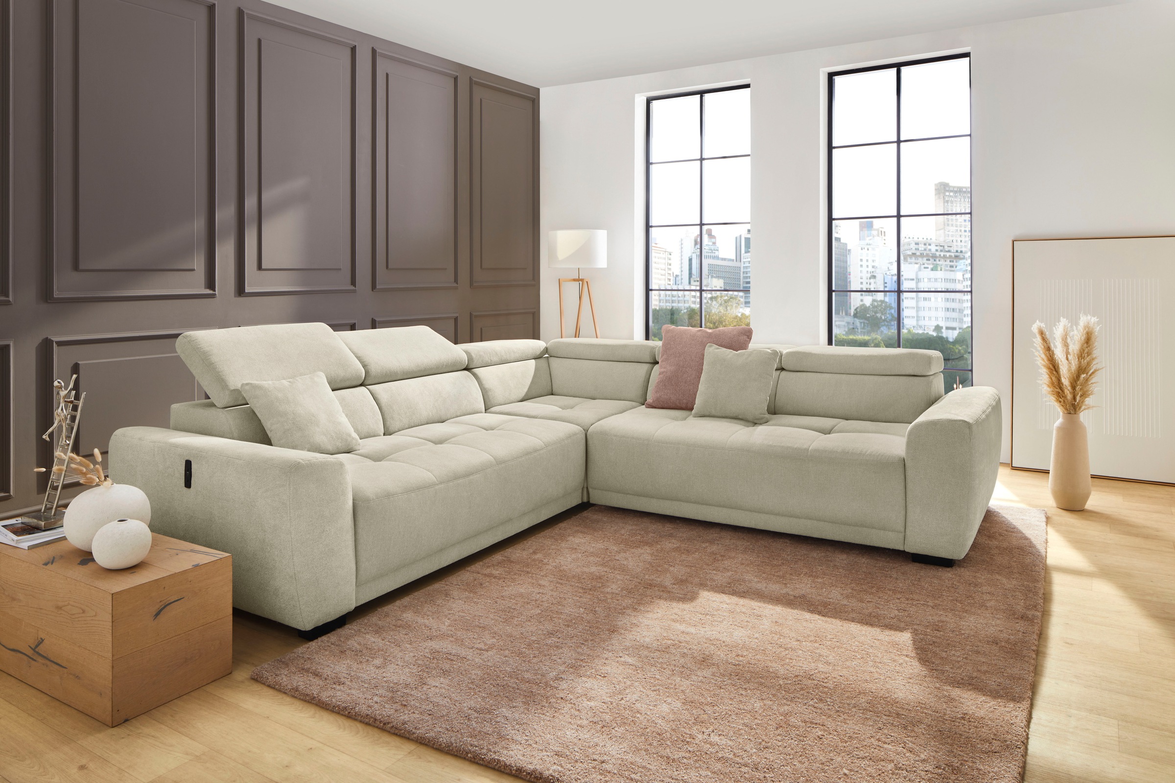 Wohnlandschaft, B:292cm T:113cmbraun, beige 430, 28, JOCKENHÖFER GRUPPE, Korpus: 100% Polyester;Kissen: 100% Polyester, Sofas, "Monza, L-Form, B: