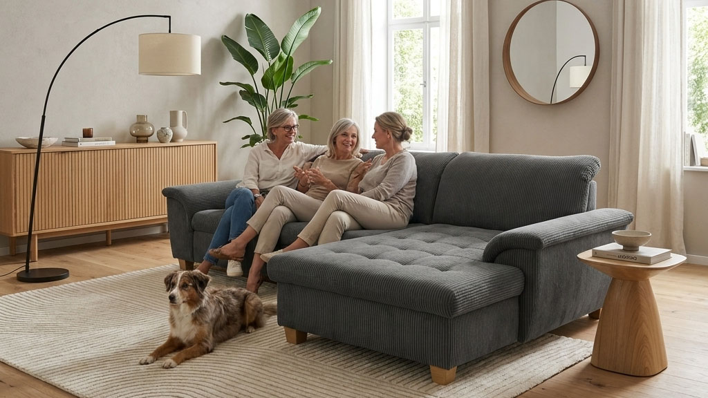 OTTO home "Eggery 279 x 162 cm, auch mit Schlaffunktion & Bettkasten, Holzfüße" L-Form, aus haustierfreundlichem Pet Friendly Cord