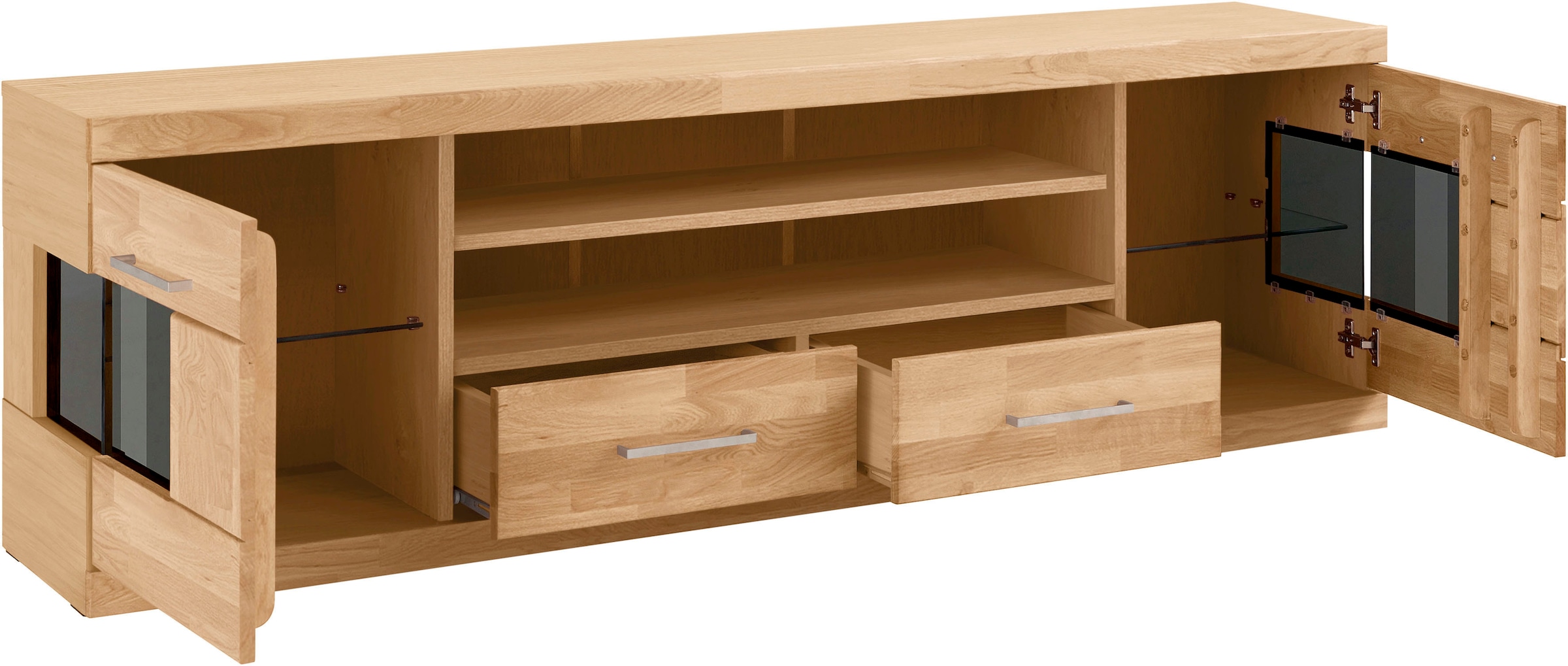 Home affaire Lowboard »Ribe,180cm breit, Fronten Massivholz,6 Fächer,Kabeldurchführung«, Korpus Holzwerkstoff,Glaseinsatz aus gehärtetem Glas,Böden versetzbar