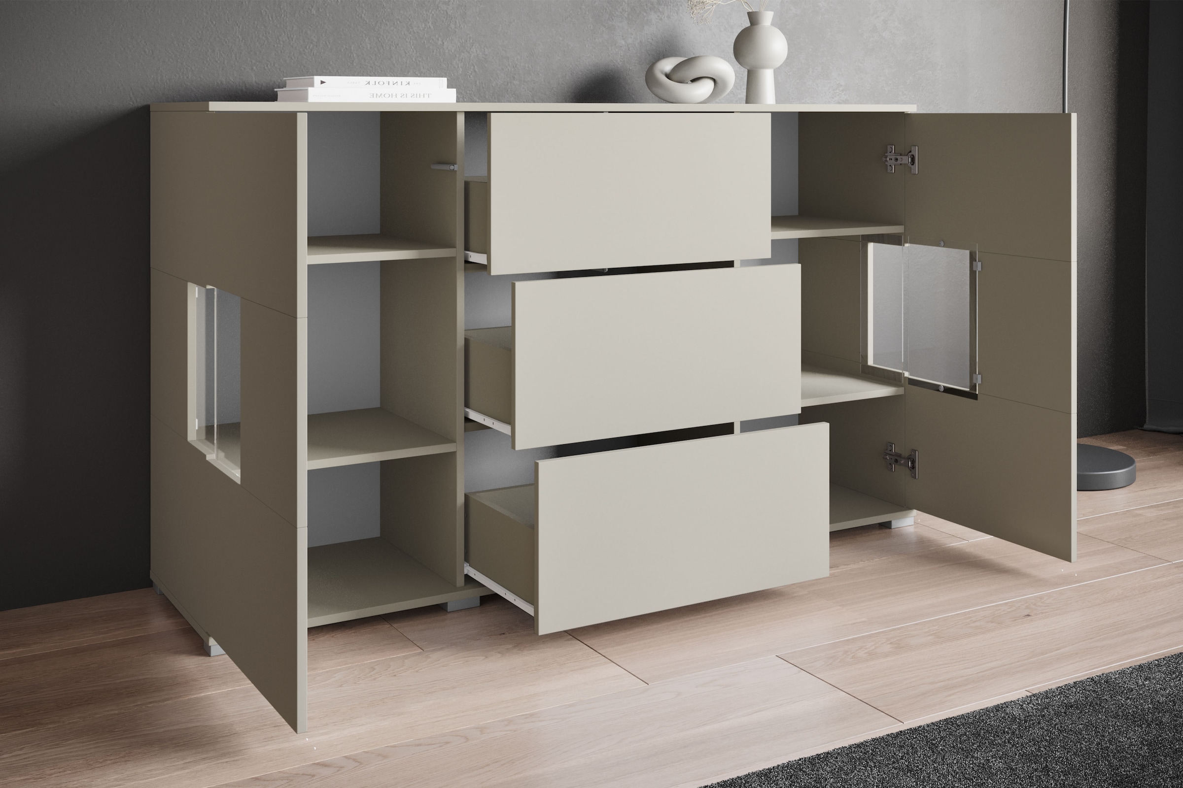 INOSIGN Sideboard »Kenia«, (1 St.), Sideboard mit 3 Schubladen, 6 Fächern, Glastüren, Breite 150 cm