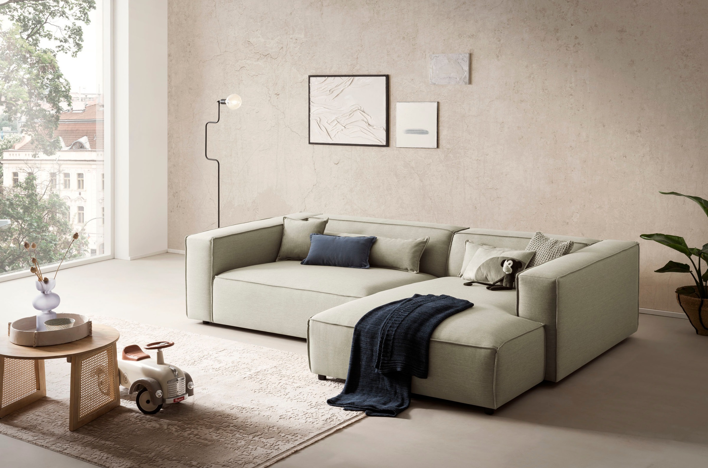 LeGer Home by Lena Gercke Ecksofa »PIARA XXL, Big-Sofa in Cord oder Leinenoptik, L-Form, mit Kedernaht«, wahlweise Ottomane rechts/links, schwarze Füße, extra tiefe Sitzfläche