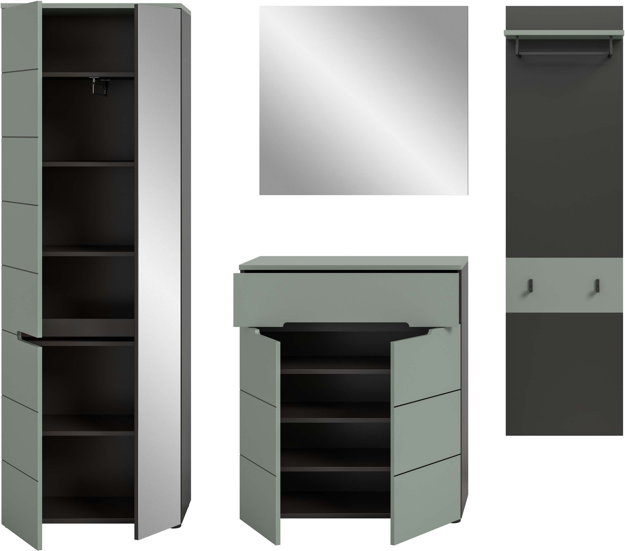 INOSIGN Garderoben-Set, (Set, 4 St., bestehend aus: Garderobenschrank, Kommode, Spiegel & Garderobenpaneel), Garderobenkombination, Kombination, Set, Flurgarderobe, Diele