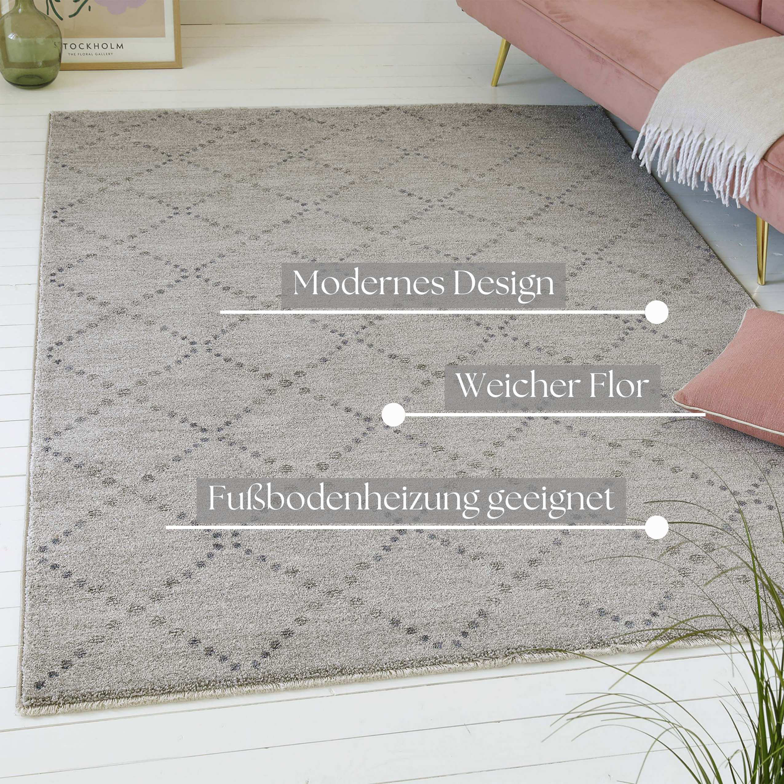 Thumbnail - my home Teppich "Thoren", rechteckig, 12 mm Höhe, weicher Kurzflor, Rautenmuster mit Fransen, Wohnzimmer, Schlafzimmer