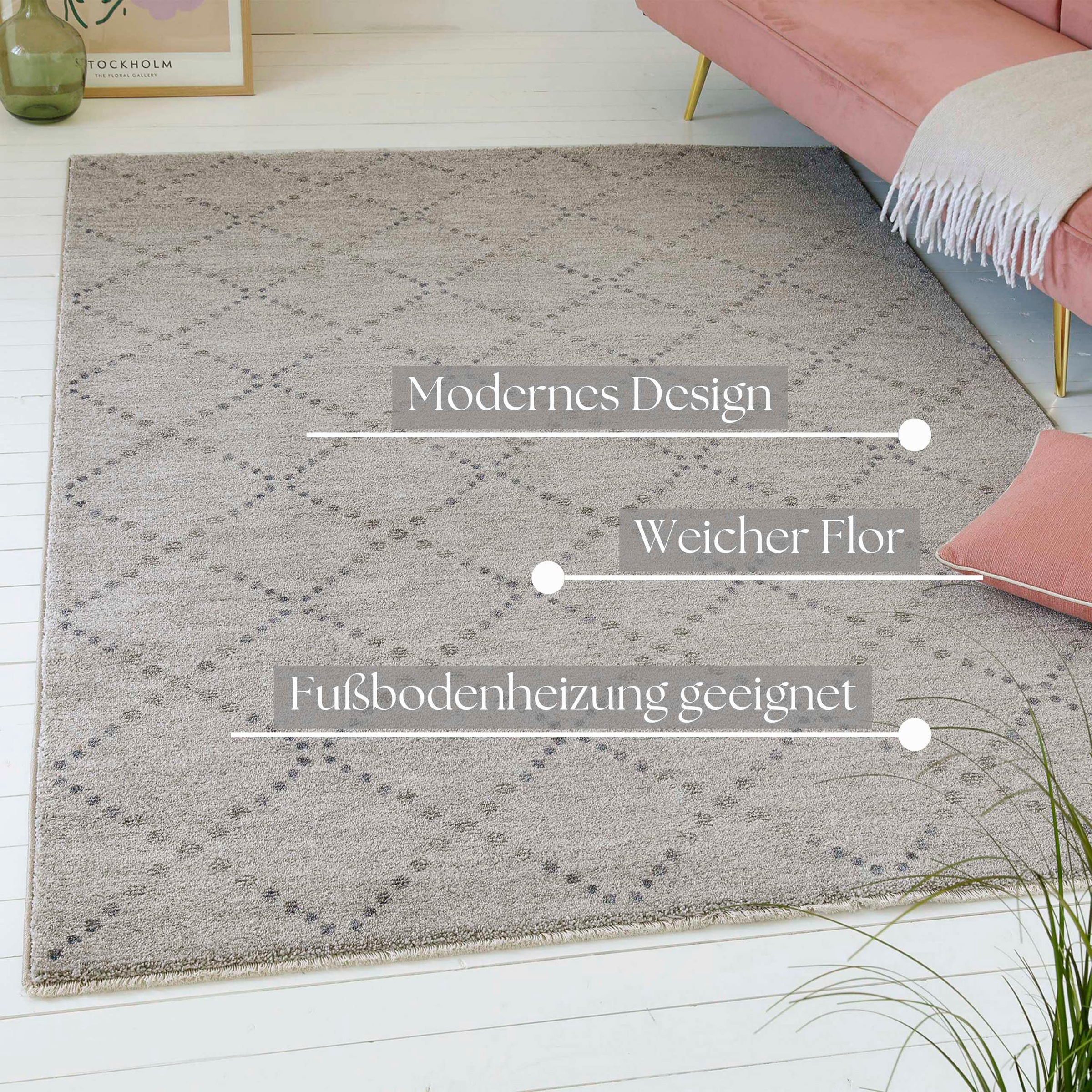 Thumbnail - OTTO home Teppich "Thoren", rechteckig, 12 mm Höhe, weicher Kurzflor, Rautenmuster mit Fransen, Wohnzimmer, Schlafzimmer