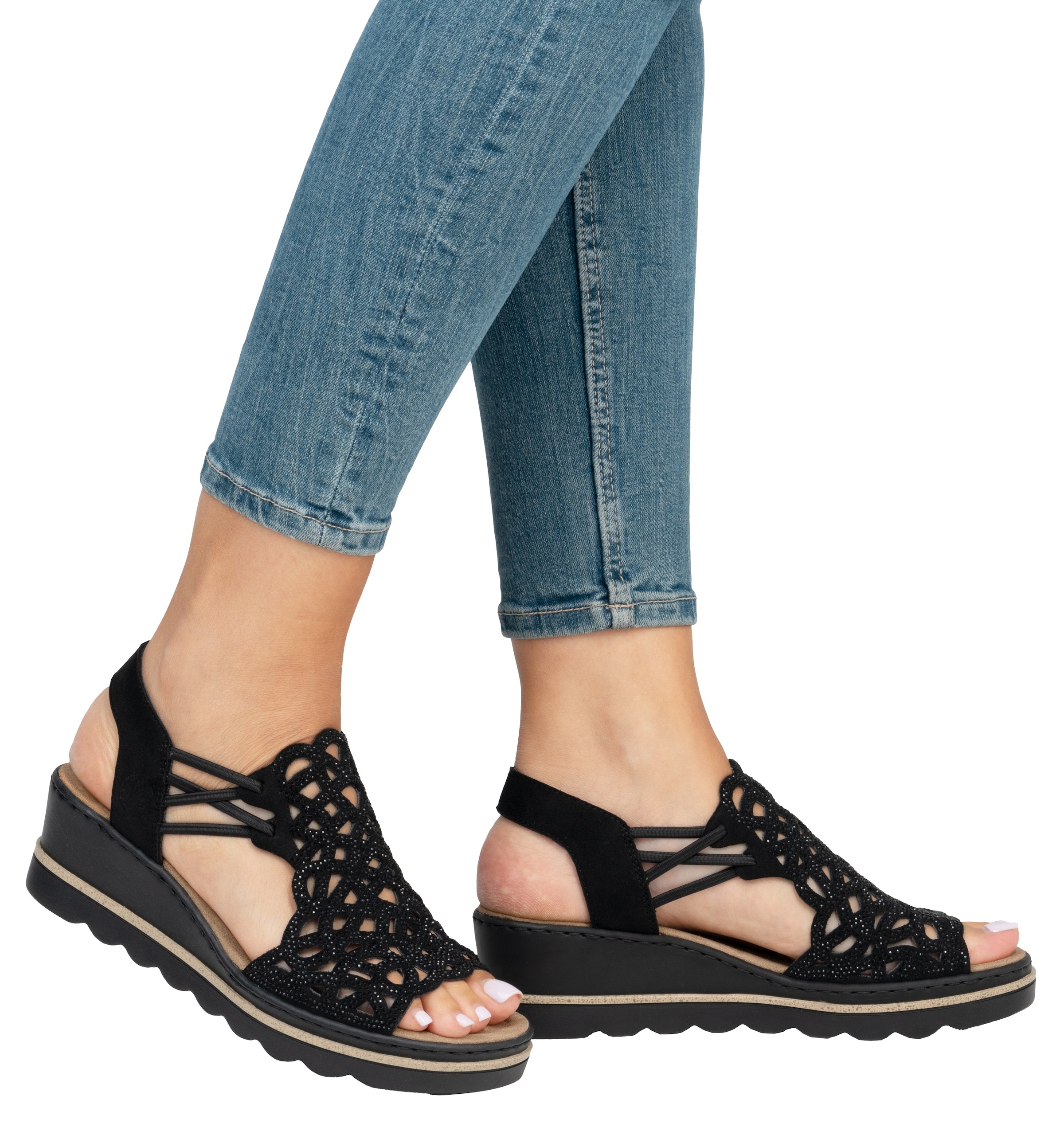 Rieker Keilsandalette, Sommerschuh, Plateausandale, Schlupfschuh mit Schmucksteinchen
