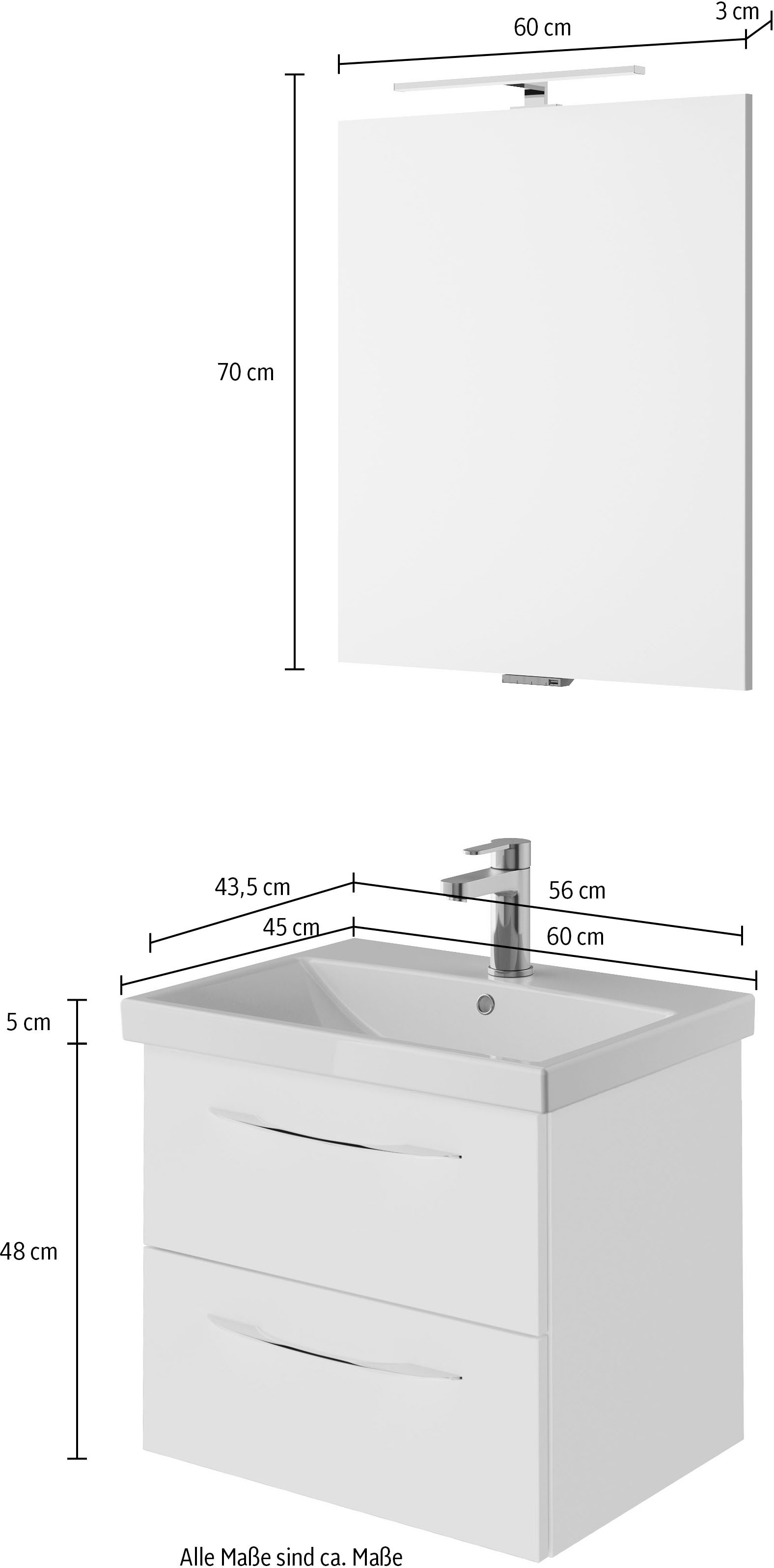 Saphir Badmöbel-Set »Serie 4035 2-teilig, Keramikwaschtisch mit LED-Spiegel, 60 cm breit«, (Set), Badezimmer-Set inkl. Schubladen-Dämpfer, 2 Schubladen, Waschplatz