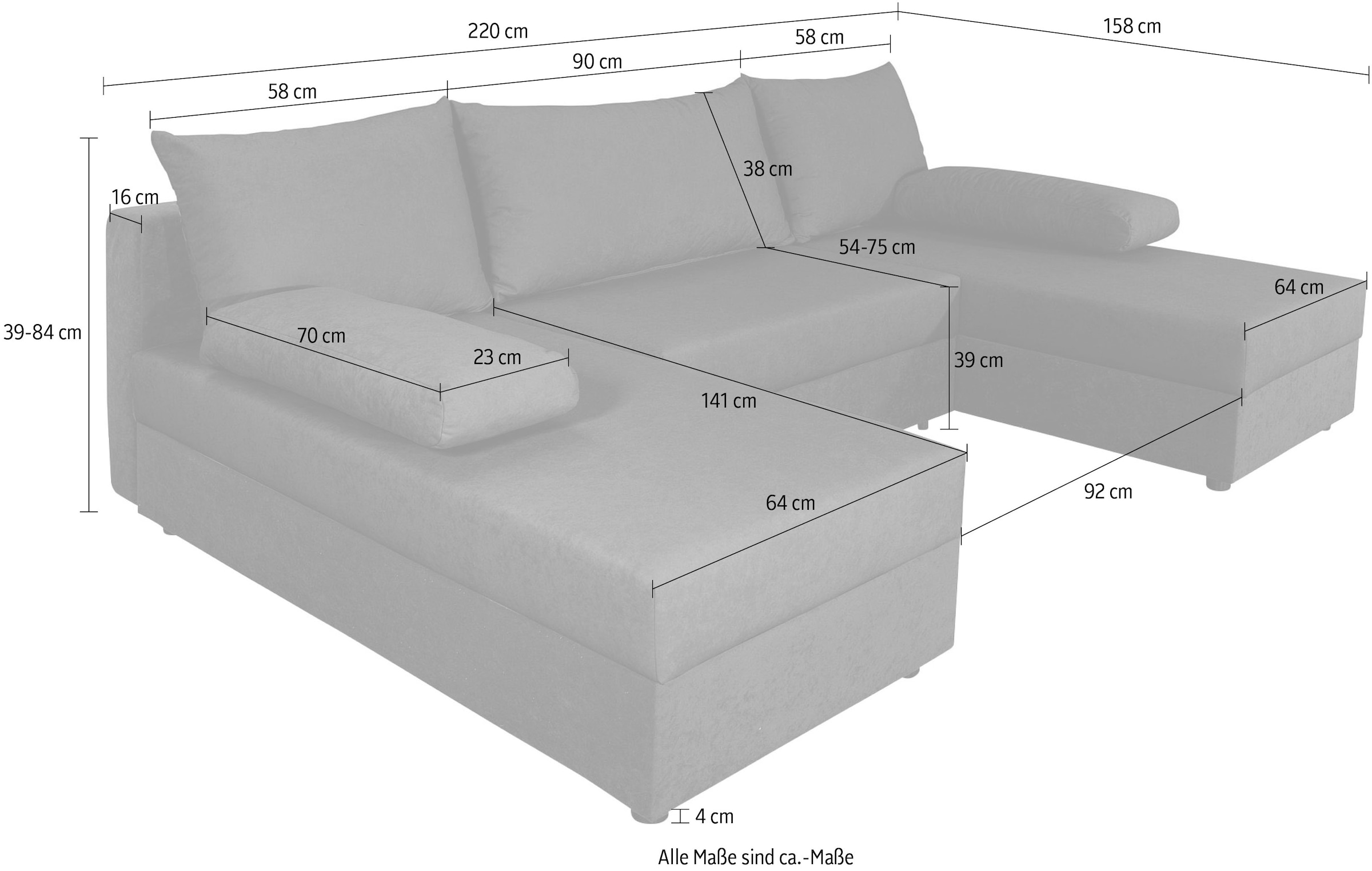 COLLECTION AB Wohnlandschaft »Pico U-Form, Breite 220, ohne Armlehne mit Schlaffunktion, Bettkasten«, Wohnlandschaft,2 X Ottomane,Polyätherschaum Polsterung
