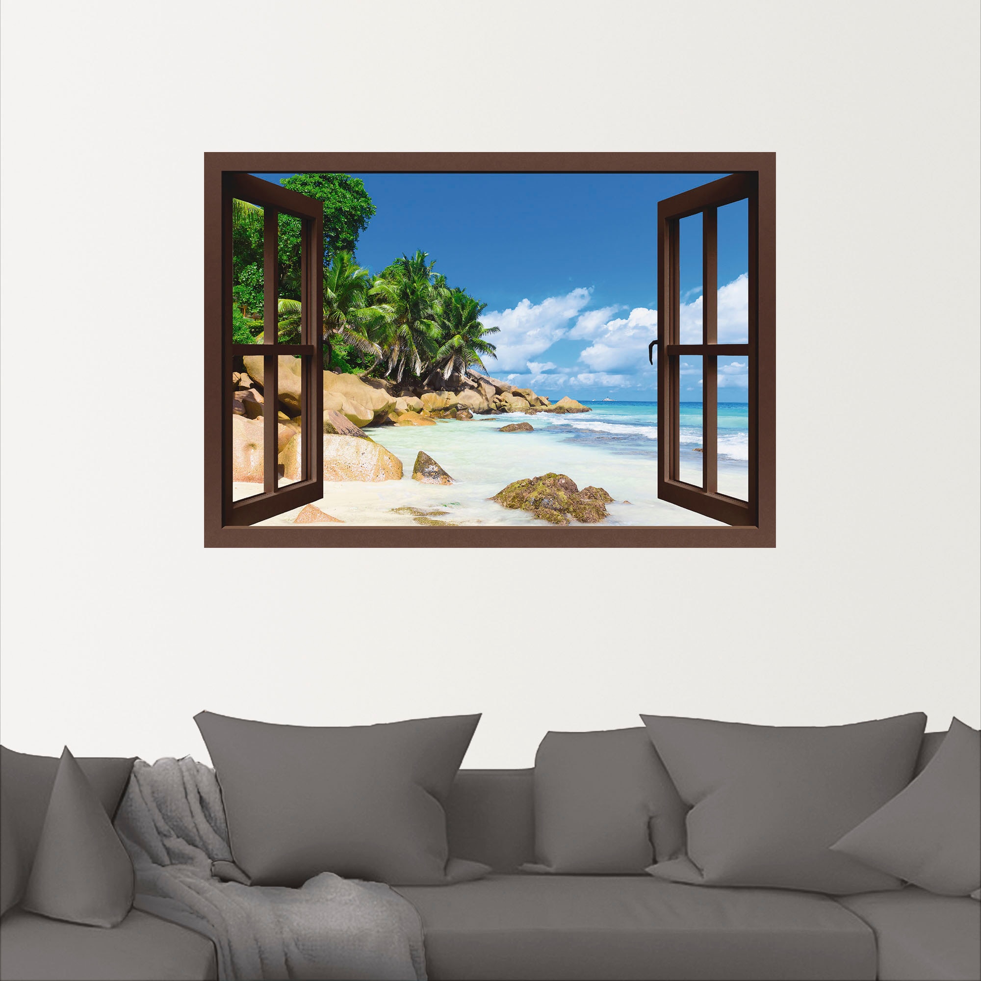 Artland Wandfolie »Küste mit Palmen, braunes Fenster«, Karibikbilder, (1 St.), selbstklebend