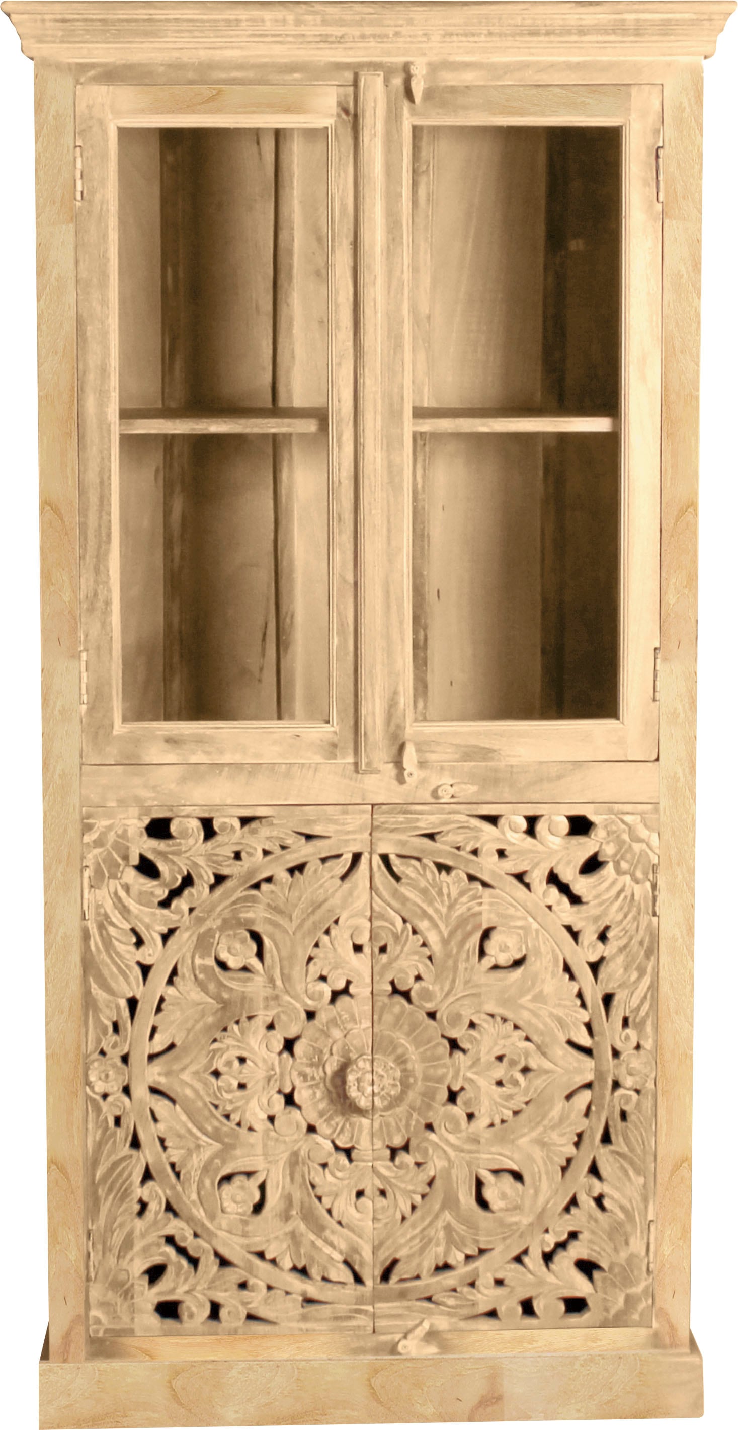 SIT Vitrine "Estepona aus Mangoholz mit 2 Glas- und 2 Holztüren" Massiver Vitrinenschrank im orientalischen Stil mit Schnitzereien