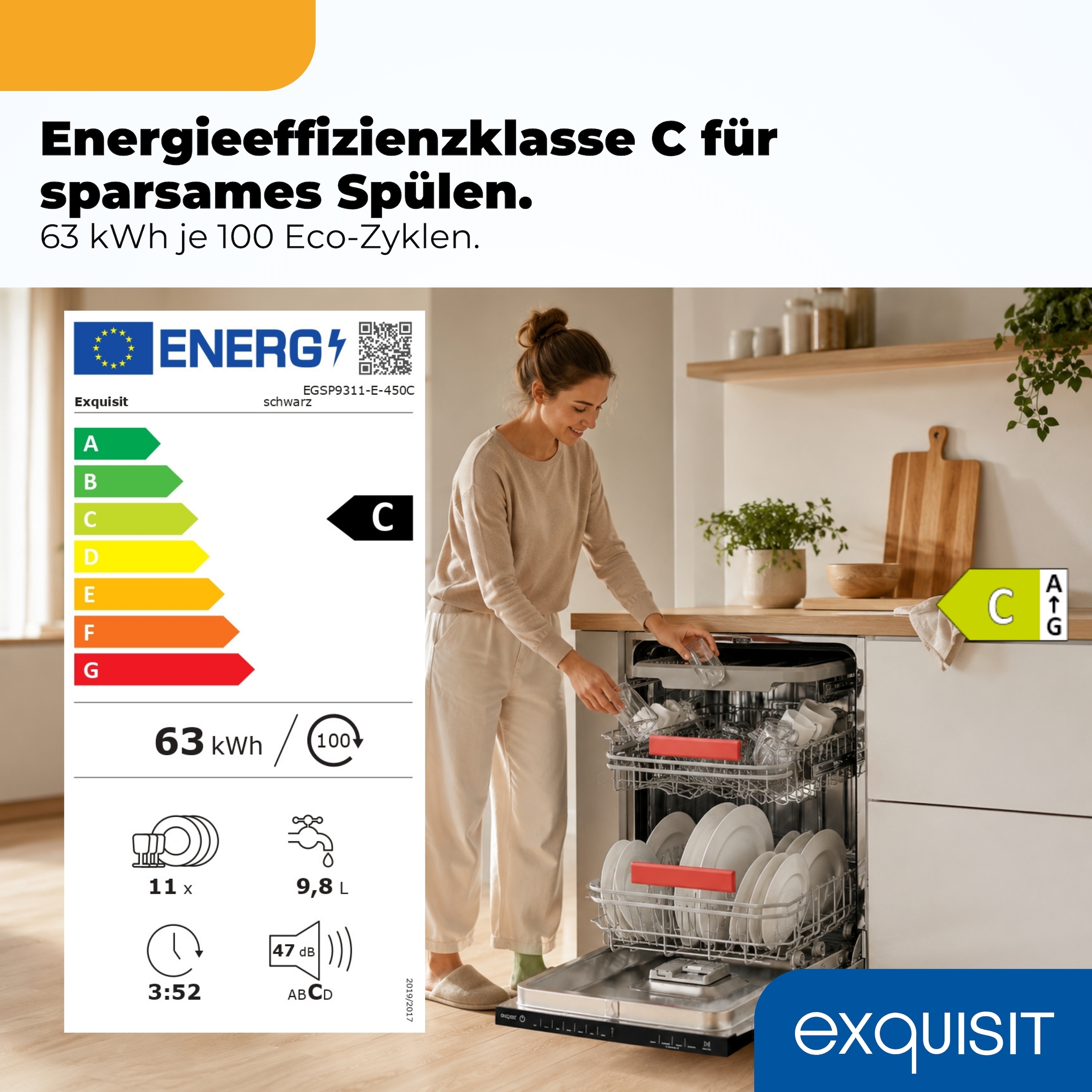 exquisit vollintegrierbarer Geschirrspüler 9311 »EGSP9311-E-450C schwarz« 9,8 l 11 tlg. Maßgedecke Mehr Komfort mit LED-Fußbodenanzeige & AquaStop