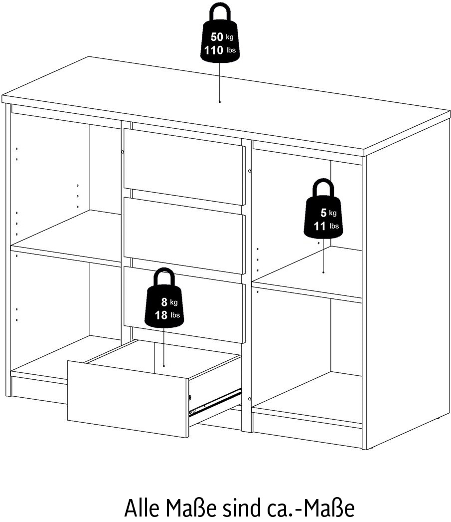 Home affaire Kommode »Naia«, abgerundeten Schubladenkanten auf Metallgleiter, Breite 120,6 cm