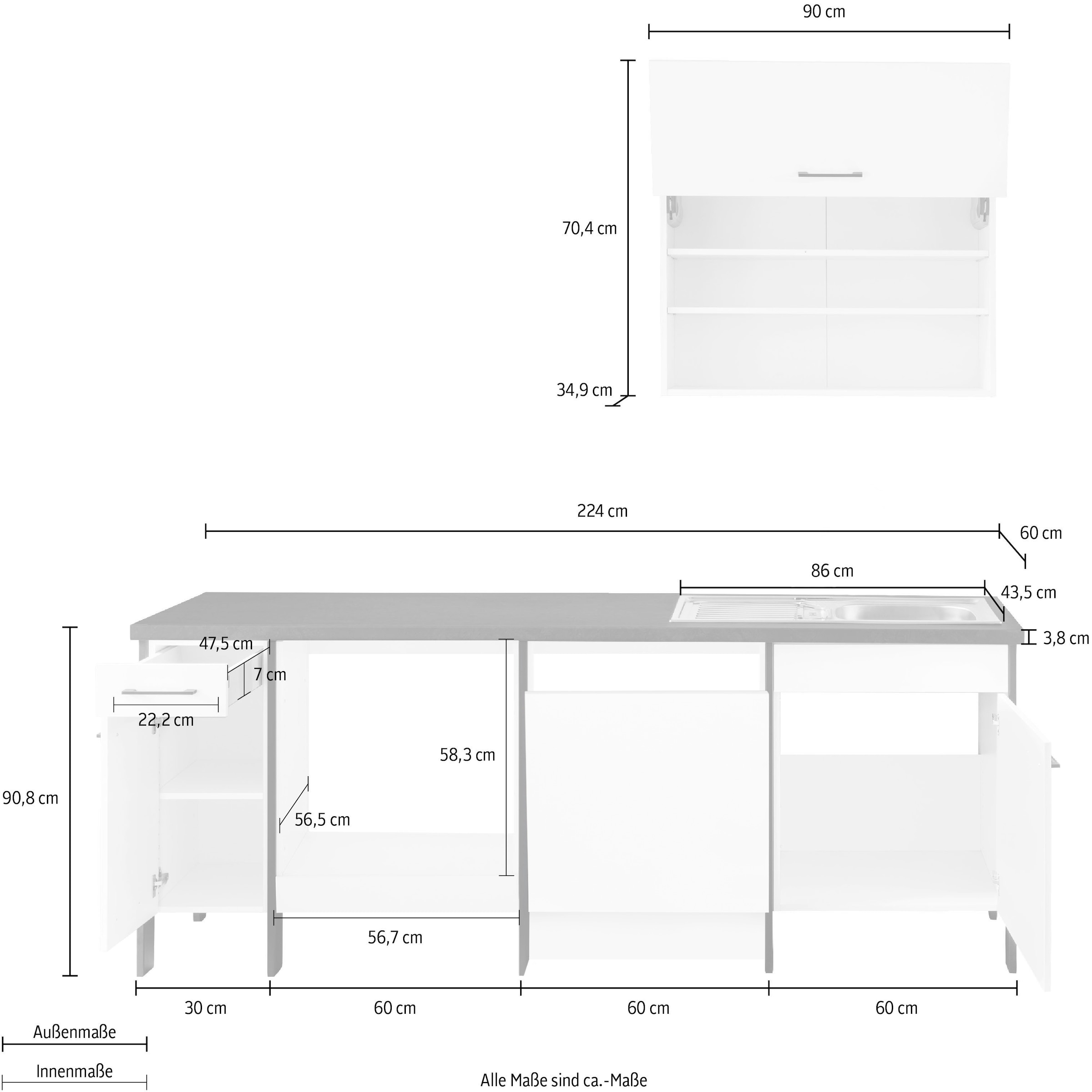 OPTIFIT Küchenzeile »Tokio«, ohne E-Geräte, Breite 224 cm, mit Stahlgestell, mit Vollauszügen