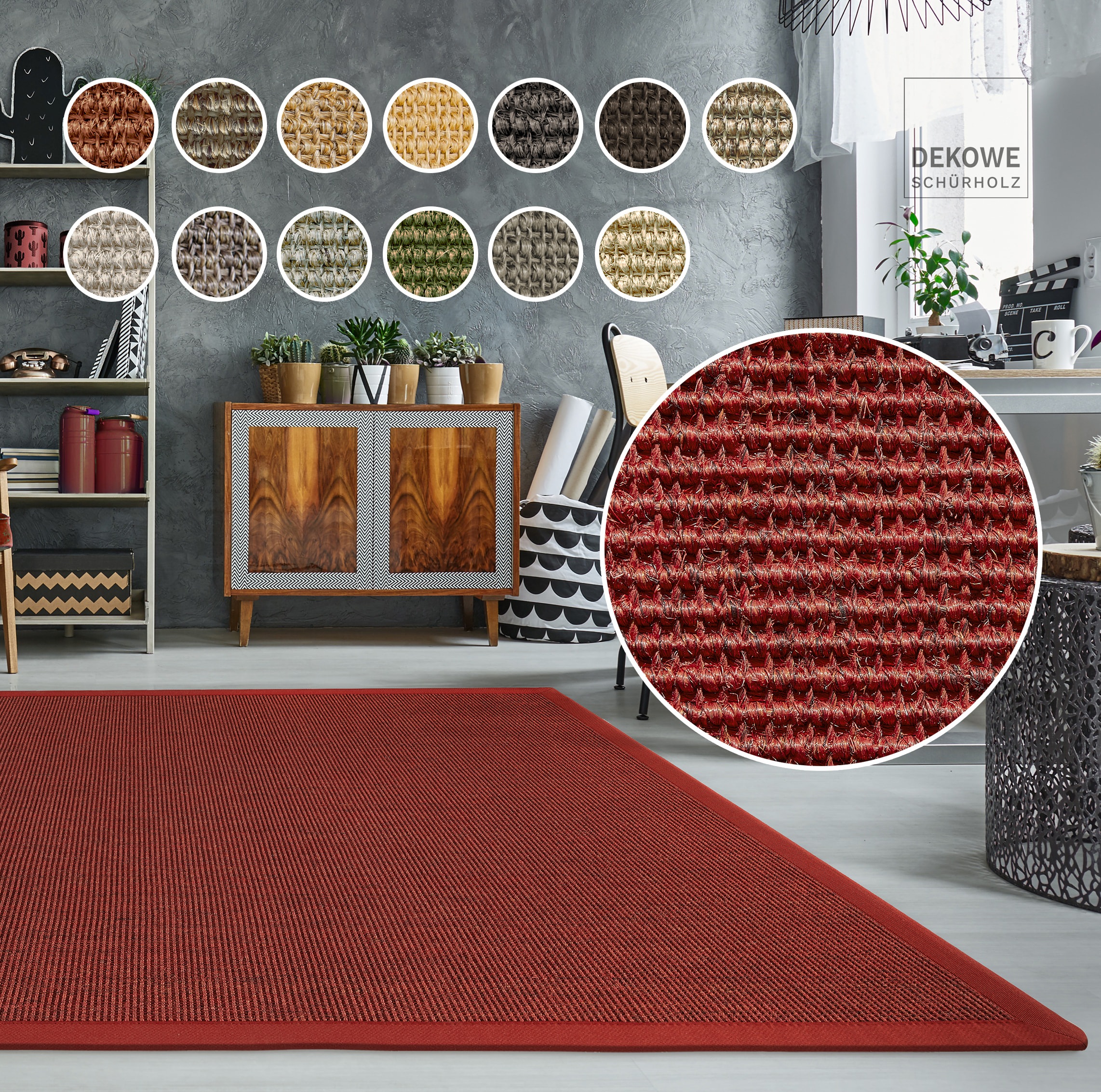 Sisalteppich DEKOWE "Mara S2 mit Bordüre Spezial", rot (rot, meliert), B:100cm H:5mm L:250cm, Sisal, Teppiche, Sisalteppich, 100% Sisal, auch als Läufer, Wohnzimmer