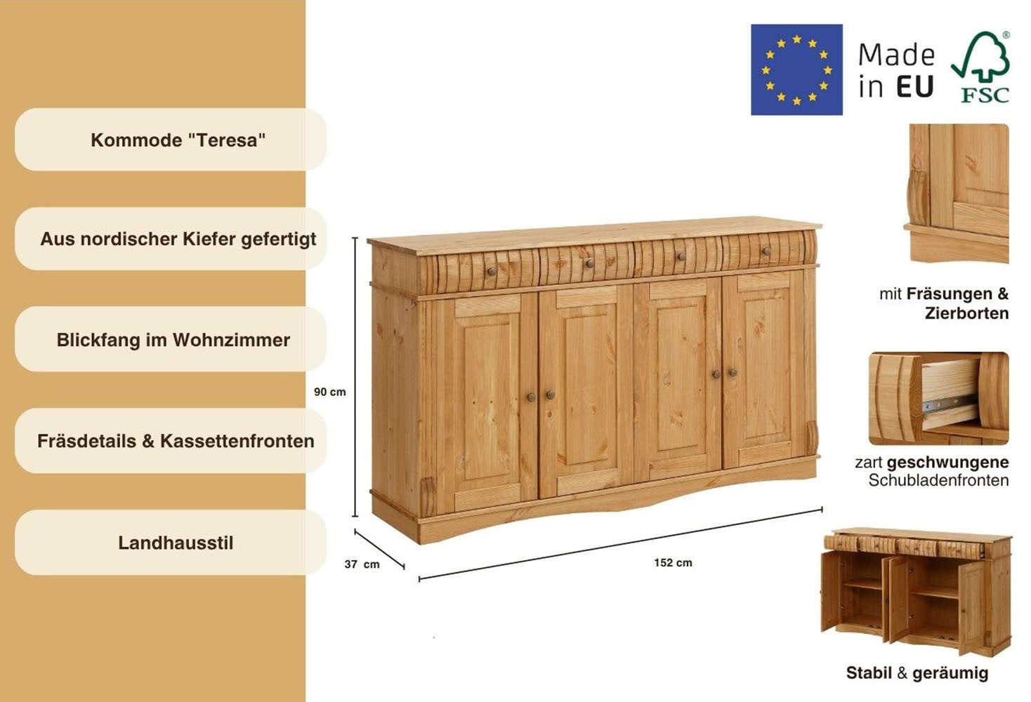 Thumbnail - Home affaire Sideboard "Teresa", (Maße (B/T/H): 152/37/90 cm), Kommode, 4-türig, Breite 152 cm, aus massiver Kiefer, FSC