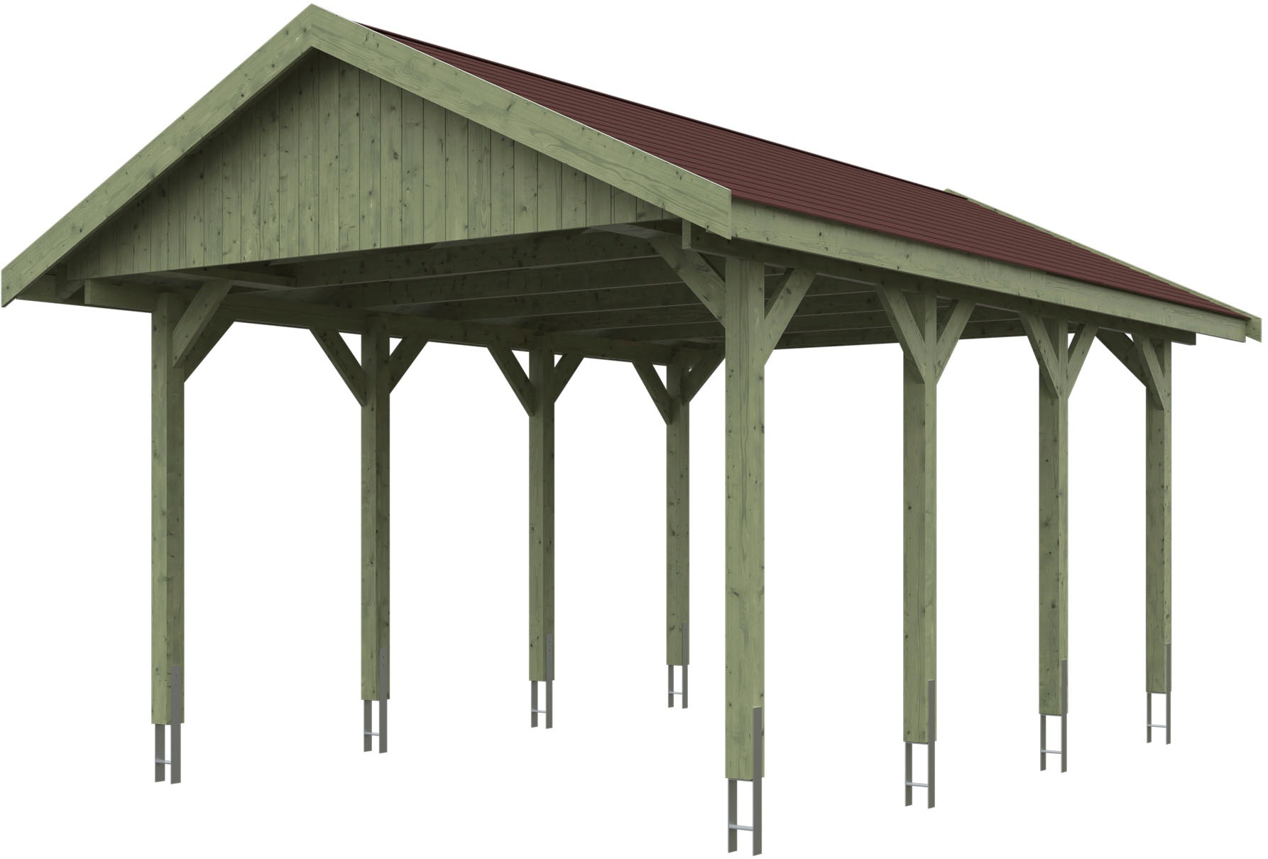Skanholz Einzelcarport "Wallgau" Massivholz 340 cm Grün mit roten Dachschindeln