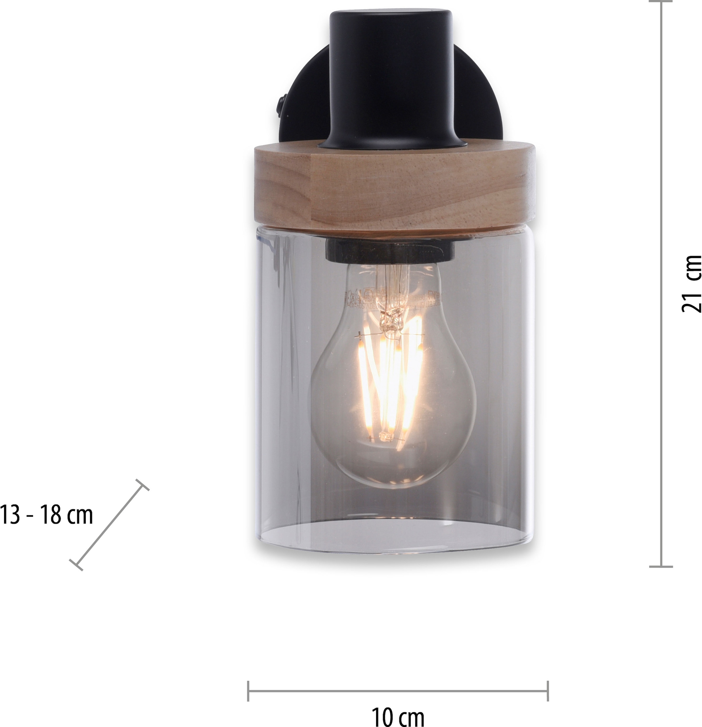 Home affaire Wandleuchte »Tendon«, 1 flammig, Leuchtmittel E27 | ohne Leuchtmittel, Wandlampe, Glas, Holz, Rauchglas, geeignet für Leuchtmittel - E27