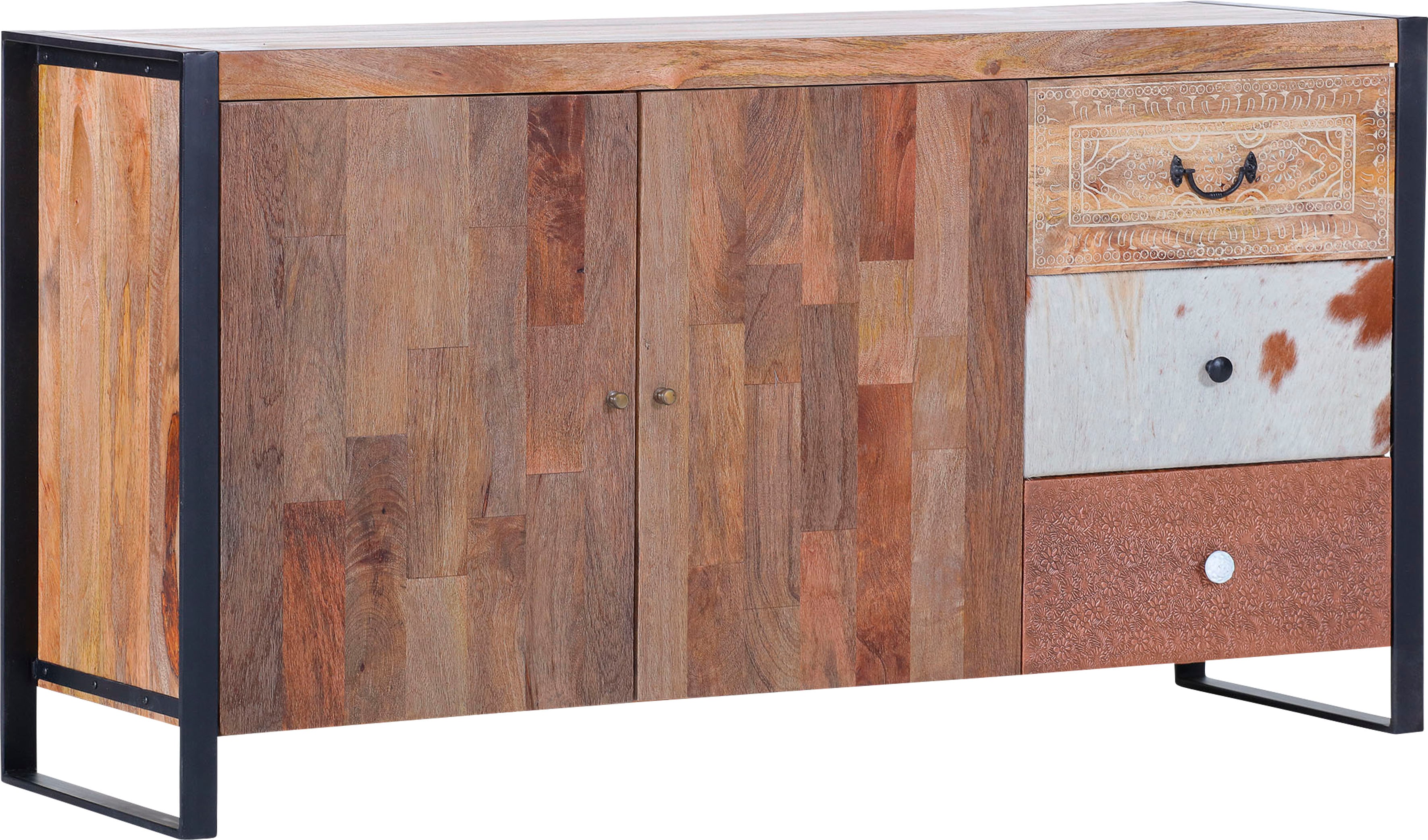 Gutmann Factory Sideboard "Clint, Kommode, Breite 150 cm" aus Mangoholz, gebeizt und lackiert, Metall Rahmen, schwarz lackiert