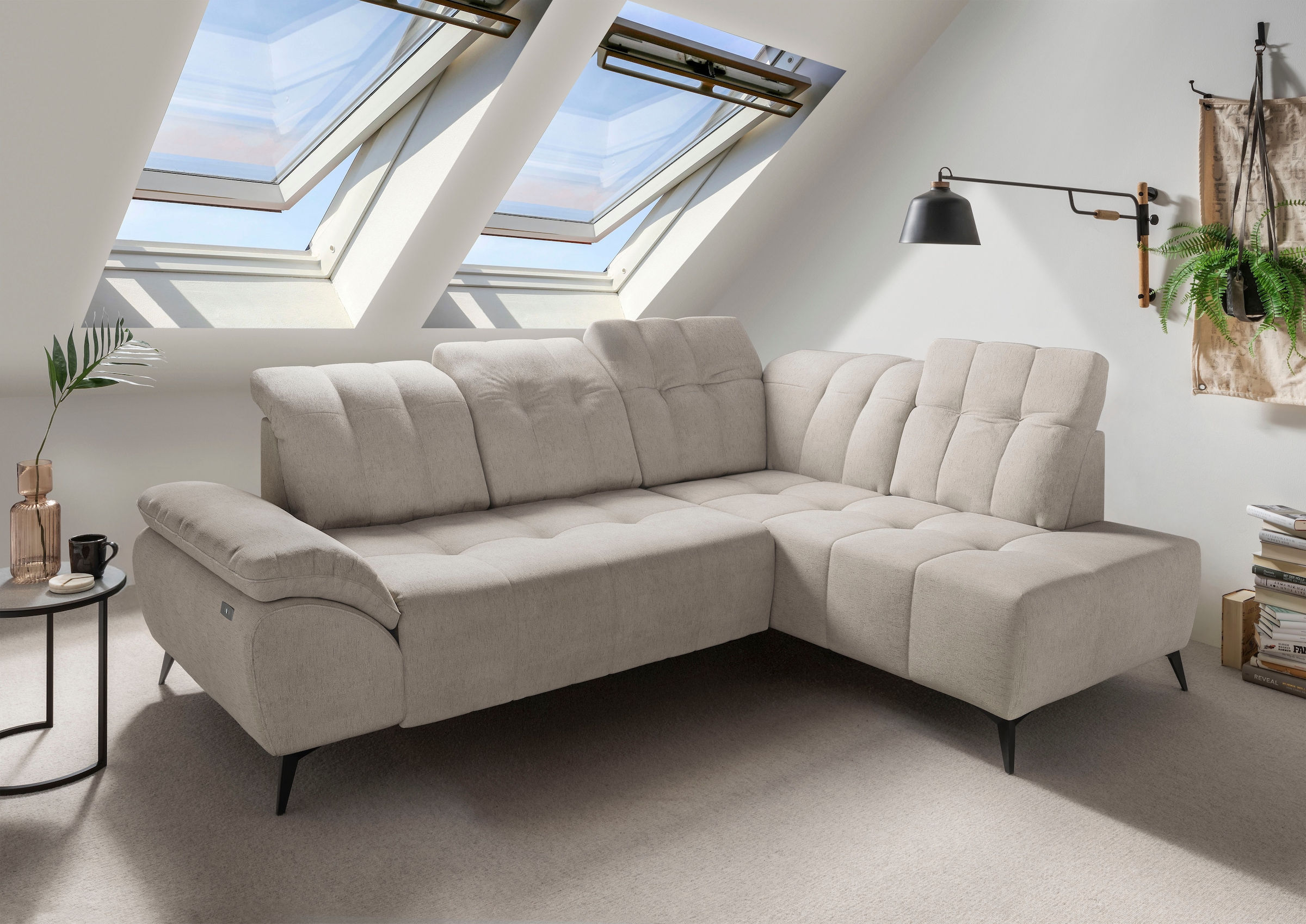 Home affaire Ecksofa "Fiore modern, bequeme Armlehne, tolle Detailverarbeitung, L-Form" elektrischer Sitzvorschub und Kopfstützen höhenverstellbar
