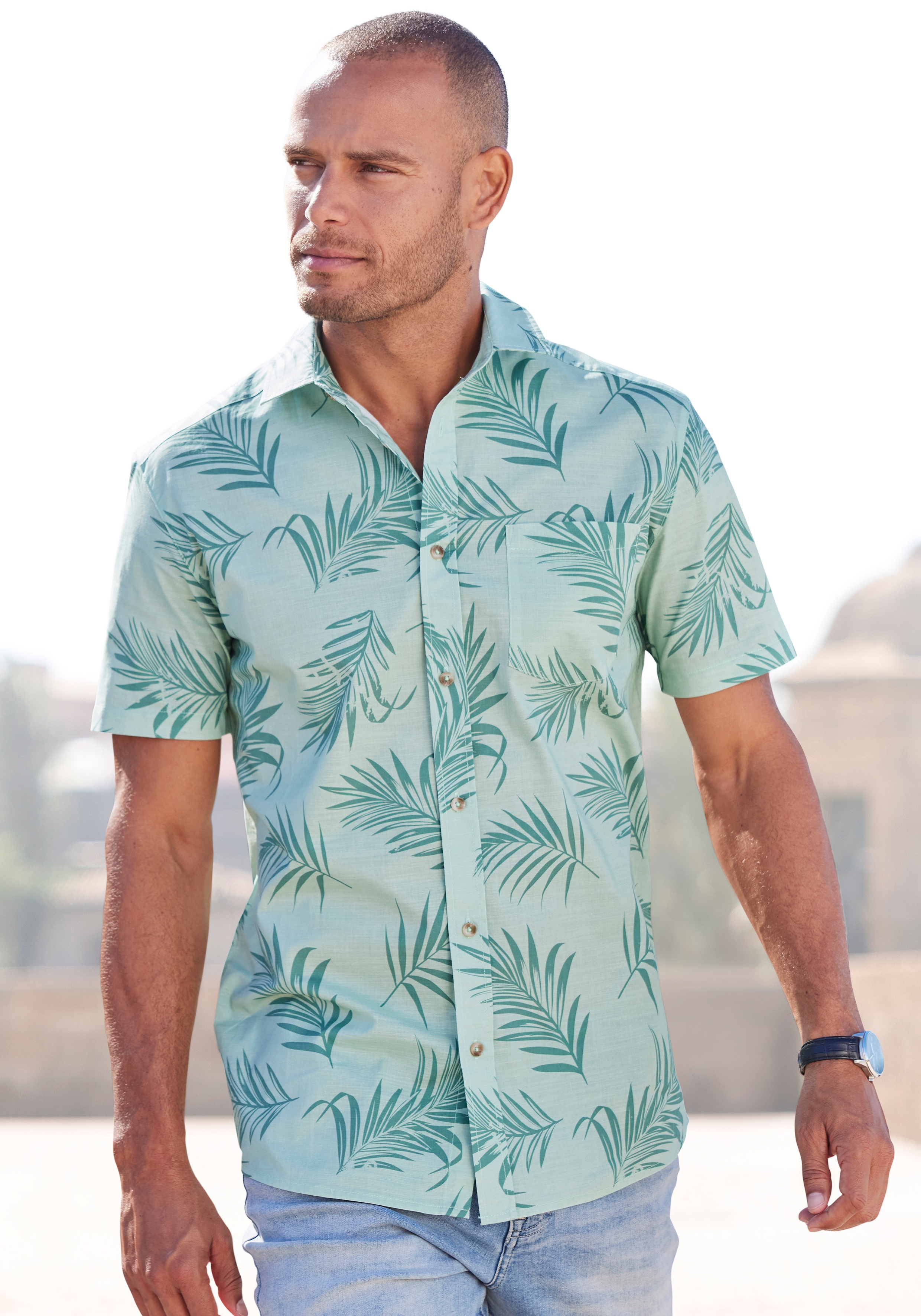 John Devin Hawaiihemd ", sommerliches Kurzarmhemd mit großem Palmen Druck" Kurzarm, Freizeithemd mit Palmenprint aus reiner Baumwolle